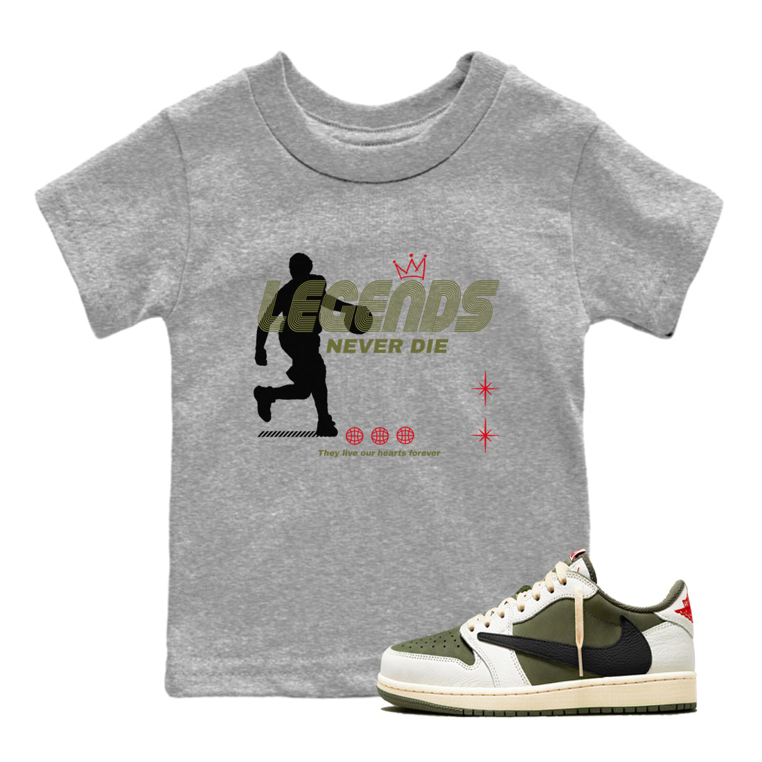 Legends Never Die snkmatch Tees Kids - Air Jordan 1 Travis Scott Medium Olive