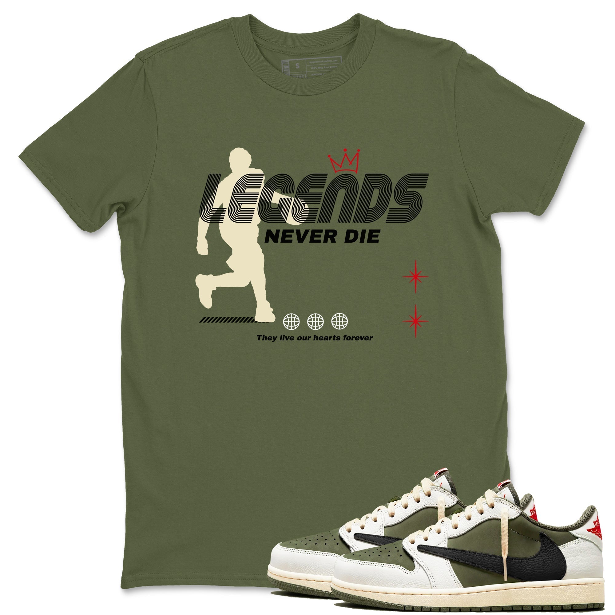 Legends Never Die snkmatch Tees - Air Jordan 1 Travis Scott Medium Olive