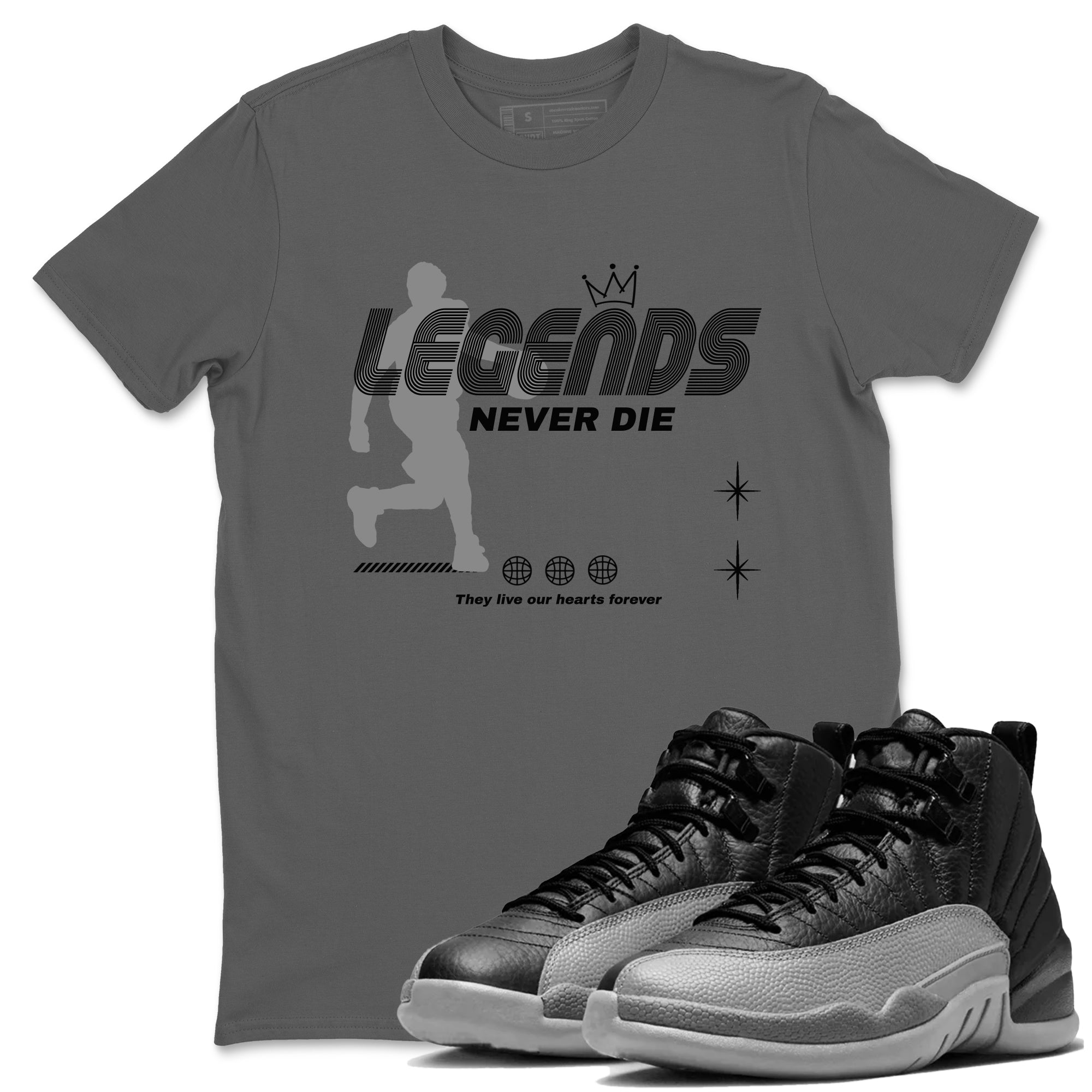Legends Never Die snkmatch Tees - Air Jordan 12 Black Wolf Grey