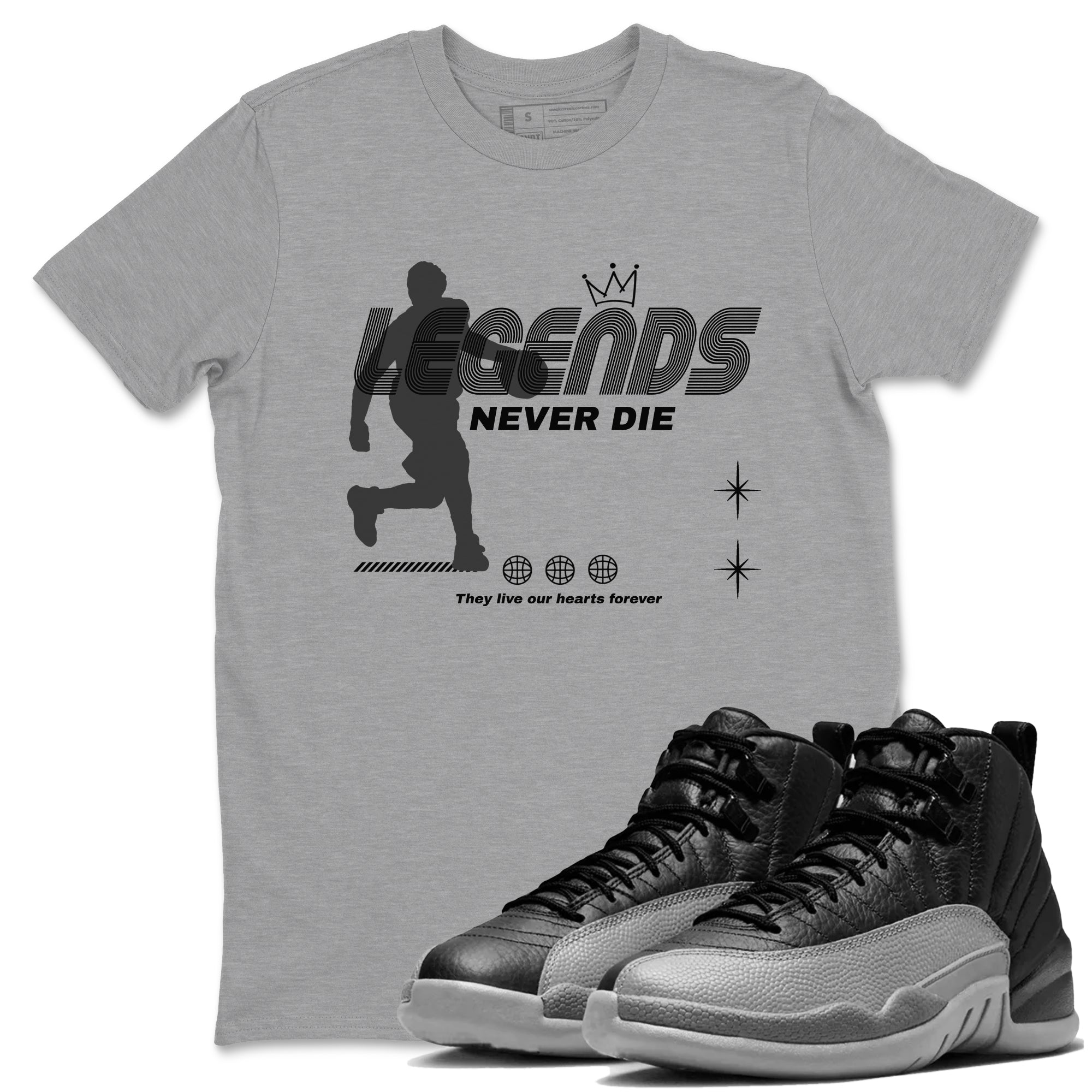 Legends Never Die snkmatch Tees - Air Jordan 12 Black Wolf Grey