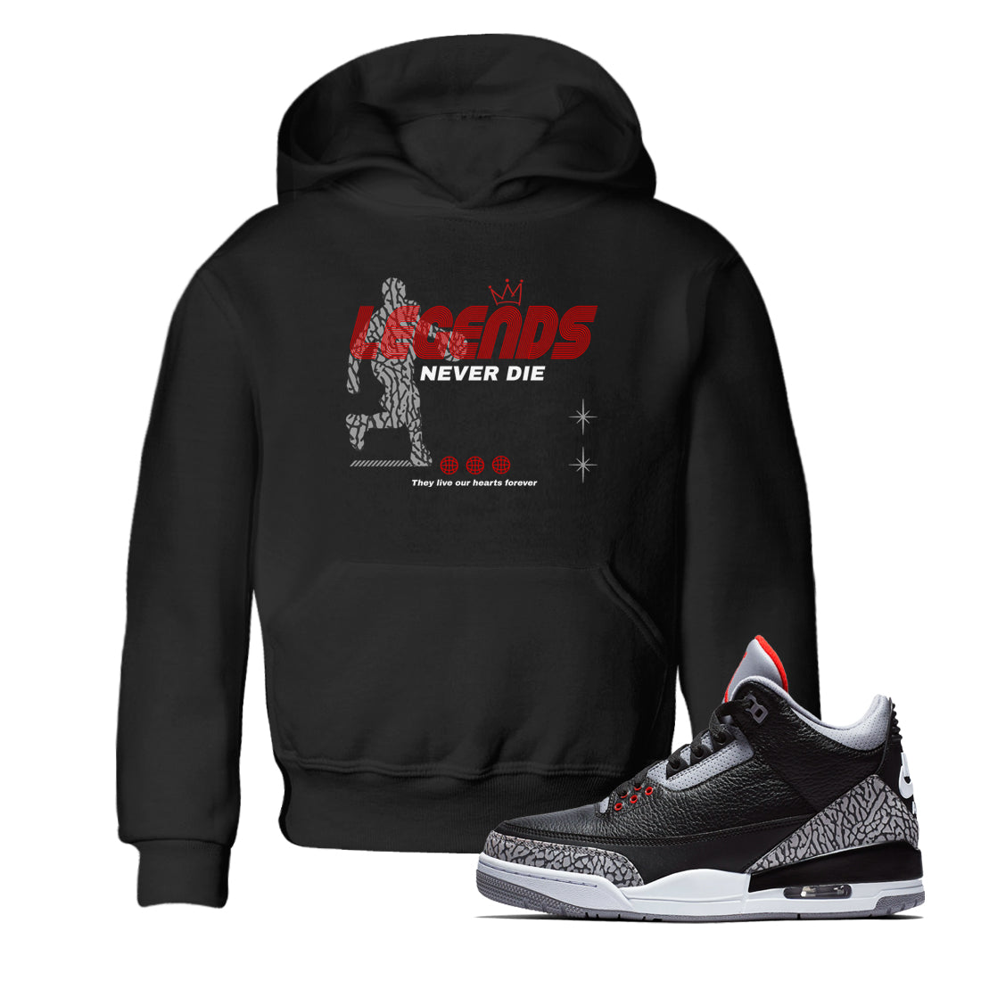 Legends Never Die snkmatch Tees Kids - Air Jordan 3 Black Cement