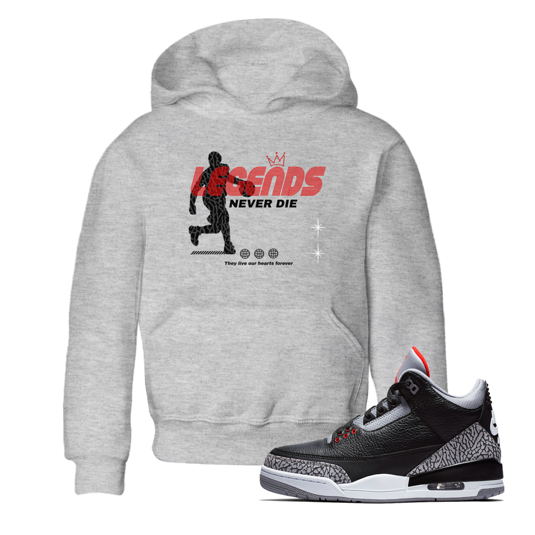 Legends Never Die snkmatch Tees Kids - Air Jordan 3 Black Cement