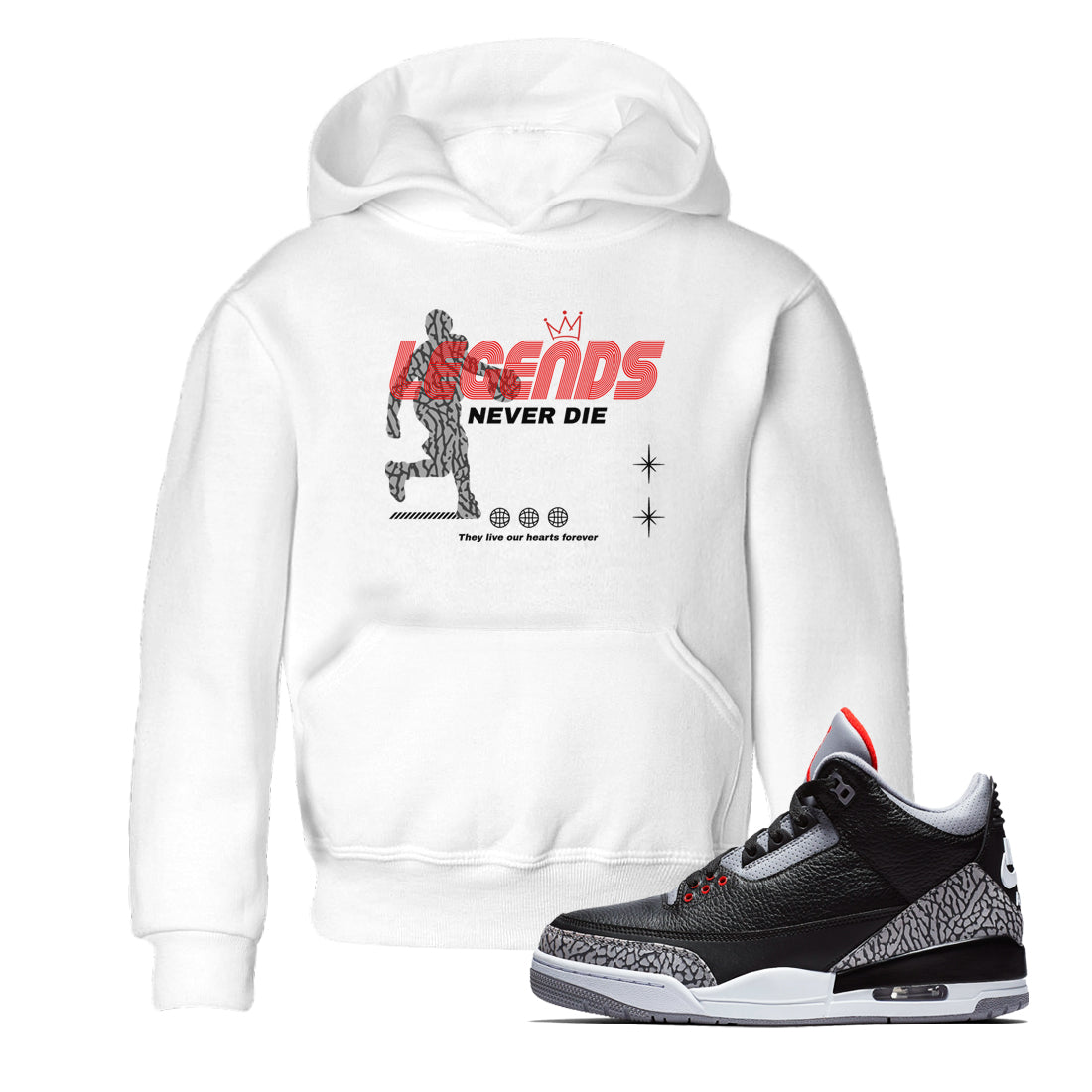 Legends Never Die snkmatch Tees Kids - Air Jordan 3 Black Cement