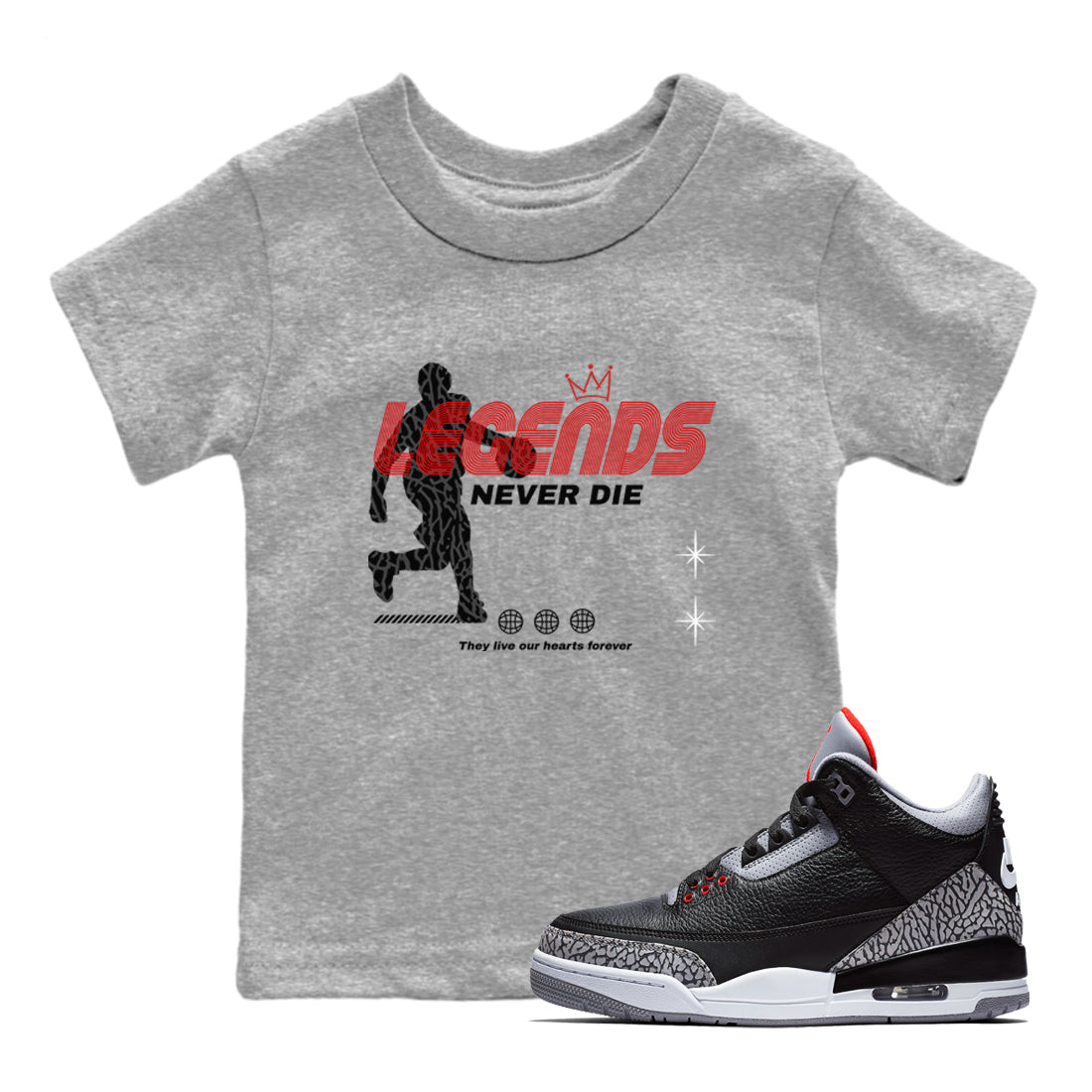 Legends Never Die snkmatch Tees Kids - Air Jordan 3 Black Cement