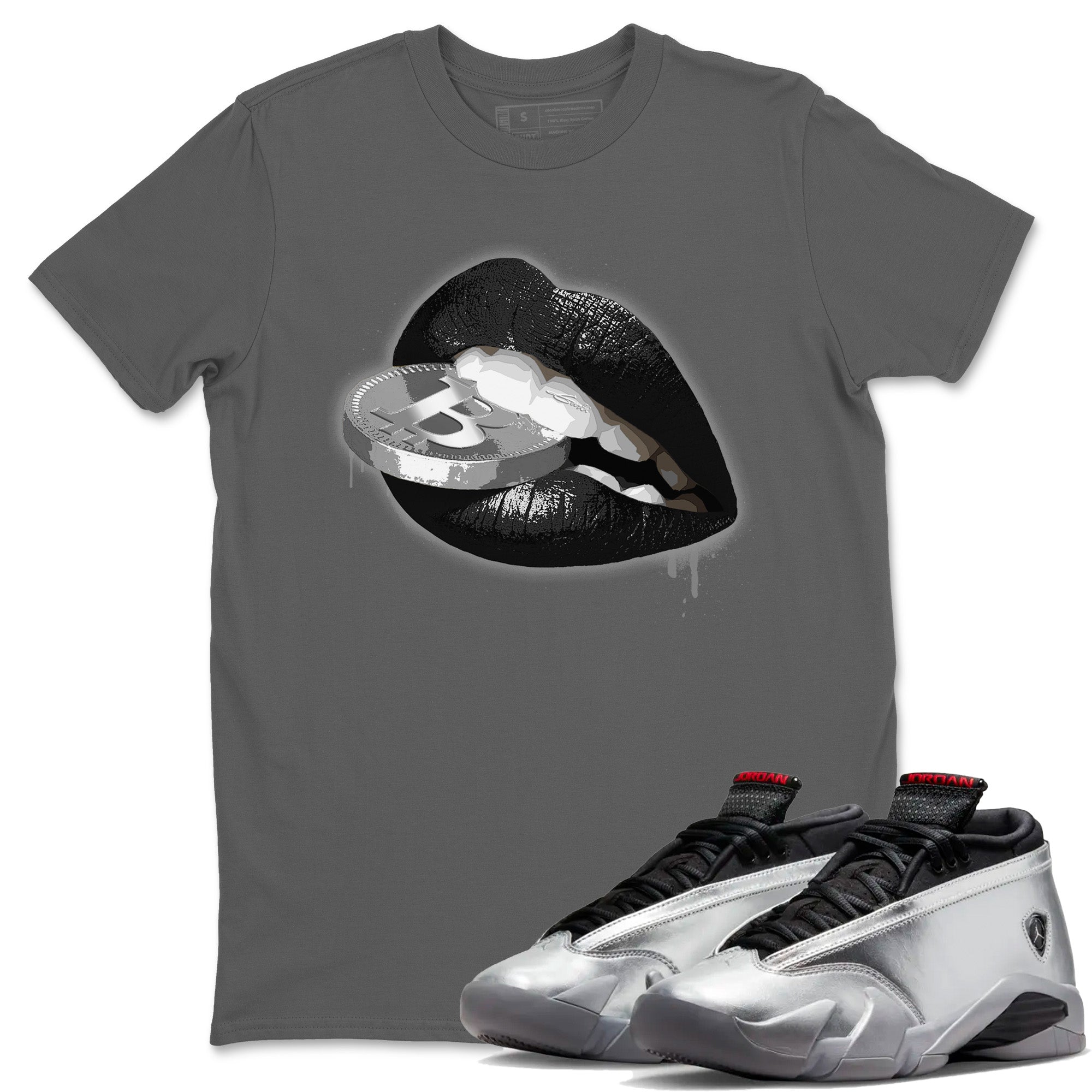 Lips Coin Unisex Tops - Air Jordan 14 Metallic Silver