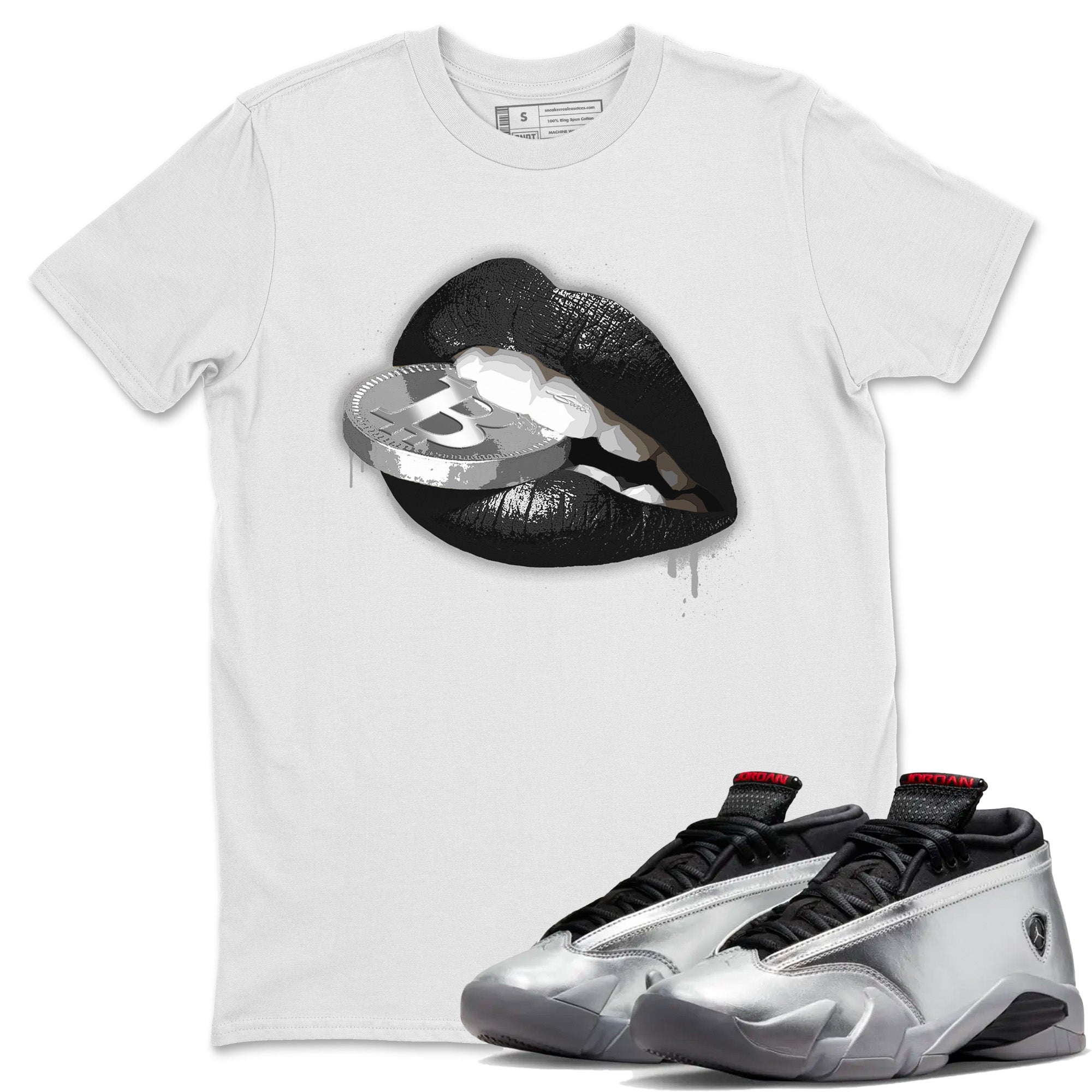 Lips Coin Unisex Tops - Air Jordan 14 Metallic Silver