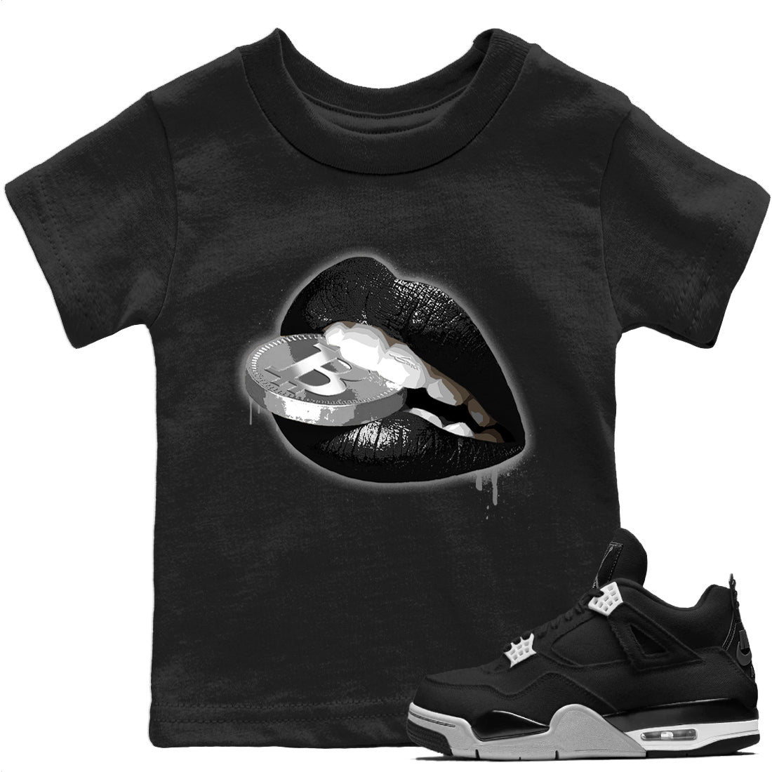 Lips Coin Kids Tops - Air Jordan 4 Black Canvas