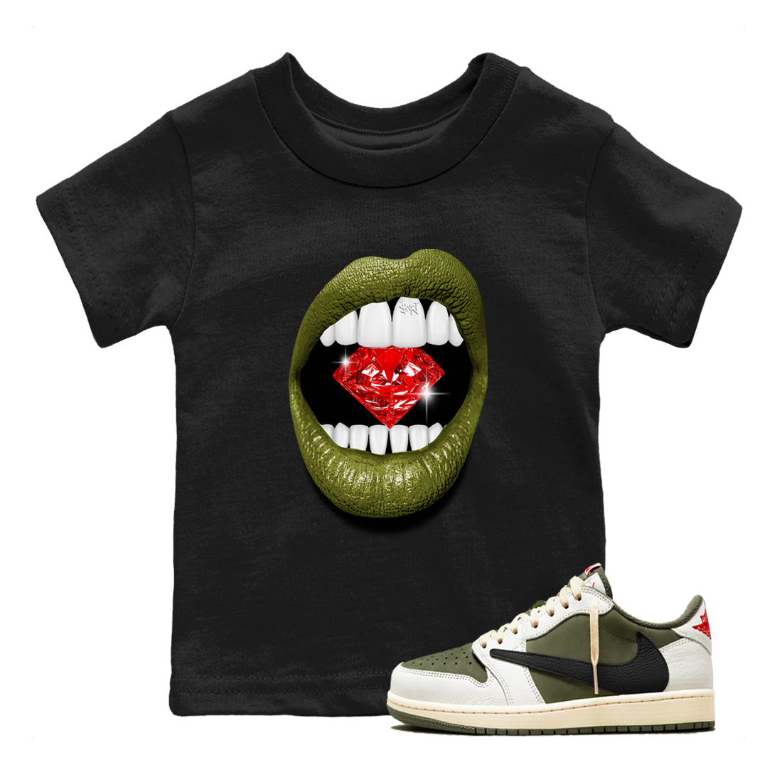 Lips Diamond snkmatch Tees Kids - Air Jordan 1 Travis Scott Medium Olive