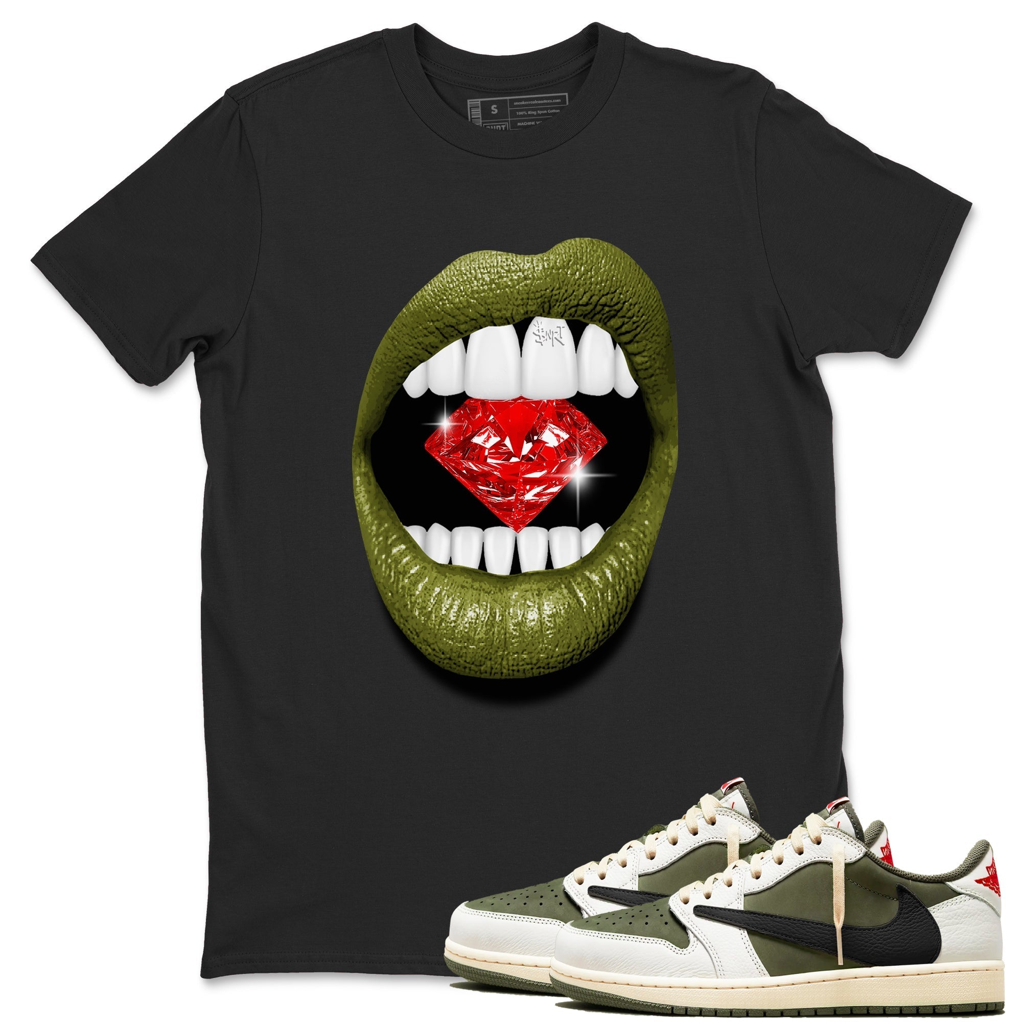 Lips Diamond snkmatch Tees - Air Jordan 1 Travis Scott Medium Olive