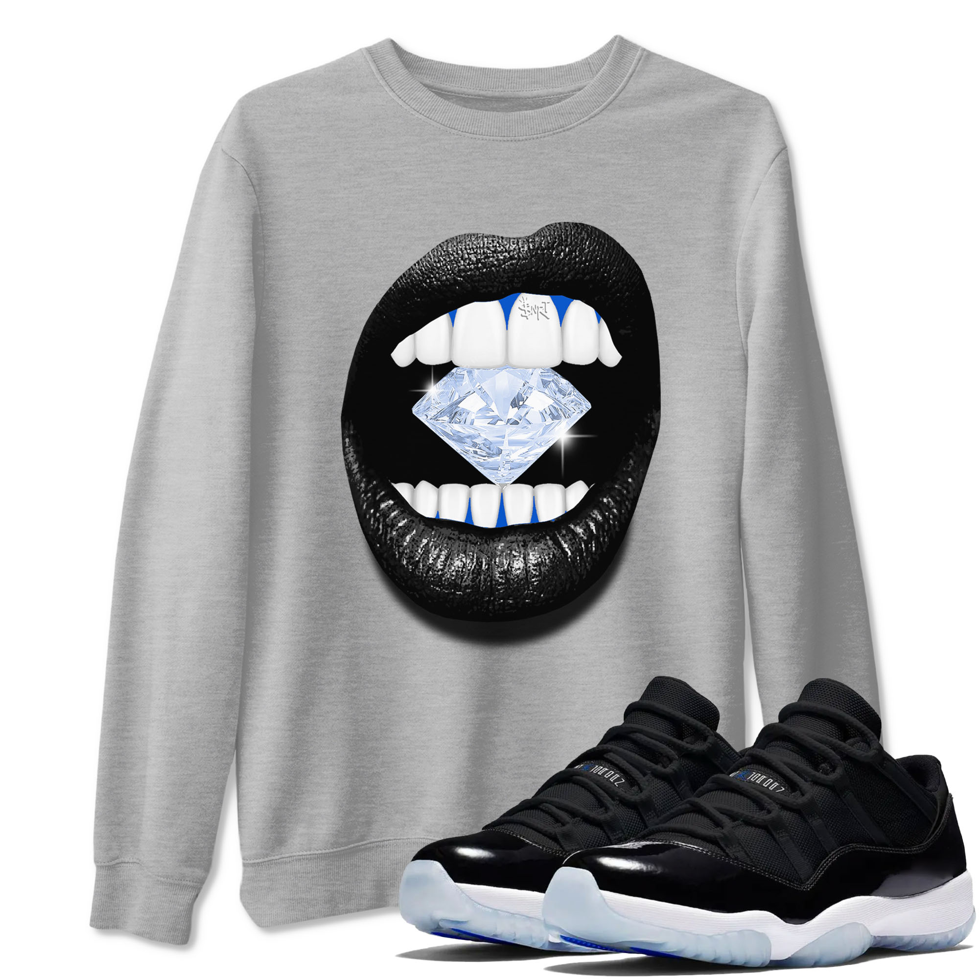 Lips Diamond snkmatch Tees - Air Jordan 11 Black and Varsity Royal