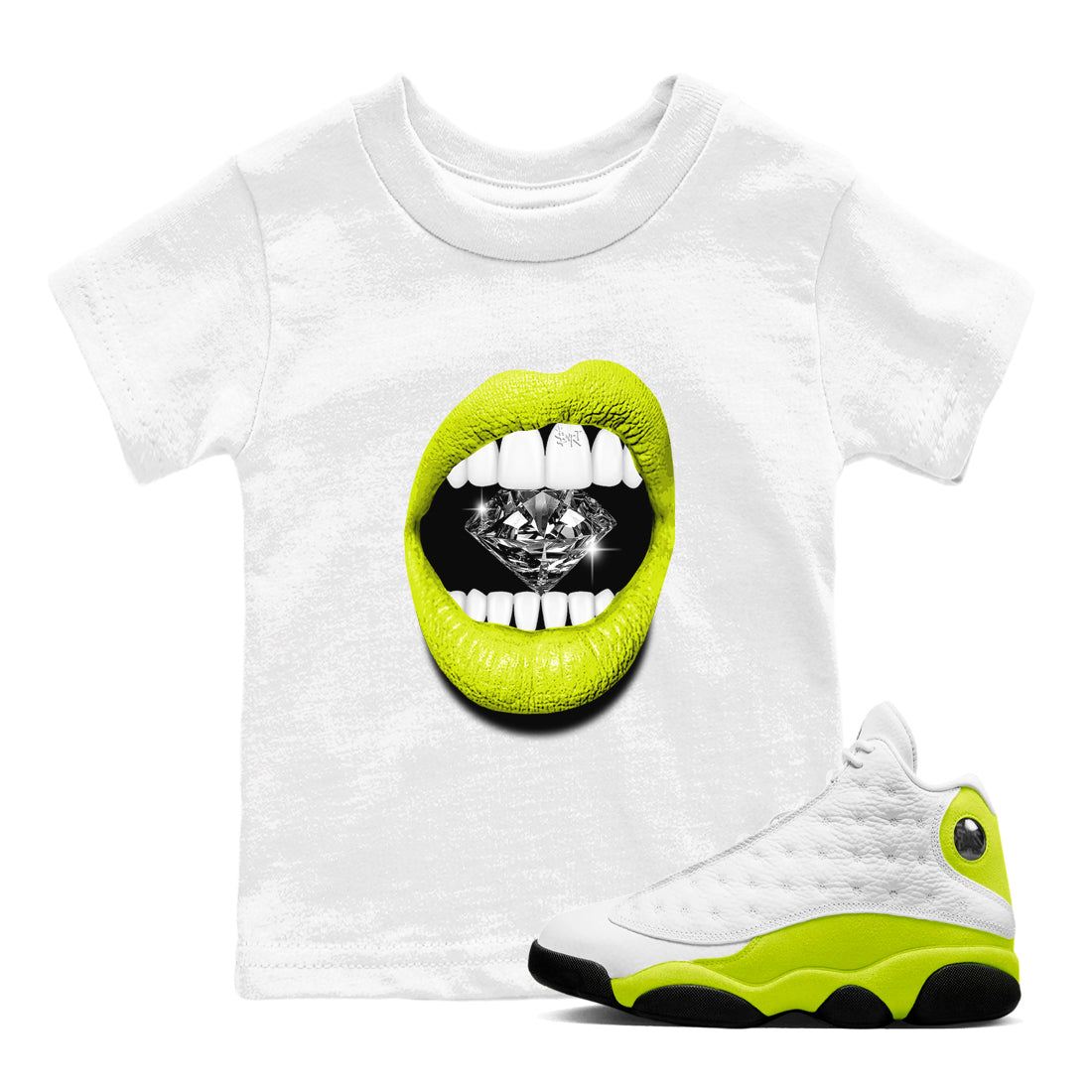 Lips Diamond snkmatch Tees Kids - Air Jordan 13 Bright Cactus