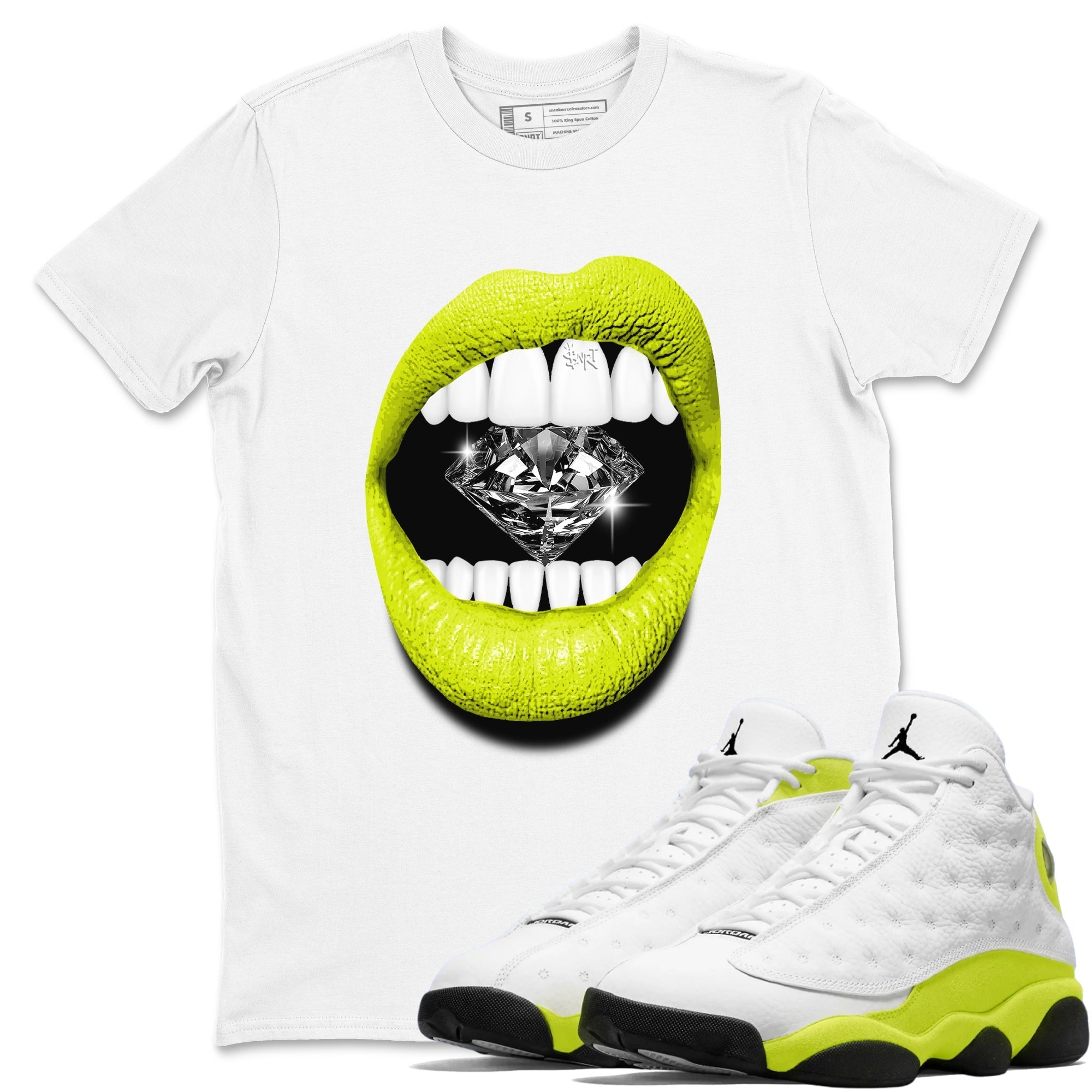 Lips Diamond snkmatch Tees - Air Jordan 13 Bright Cactus