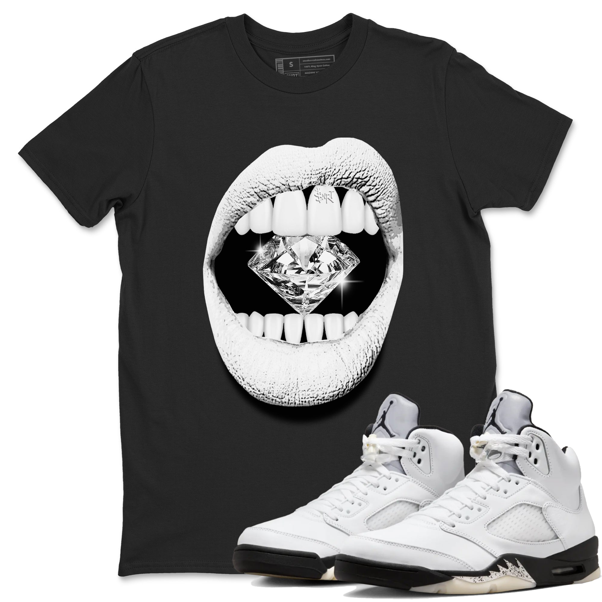 Lips Diamond snkmatch Tees - Air Jordan 5 White Black