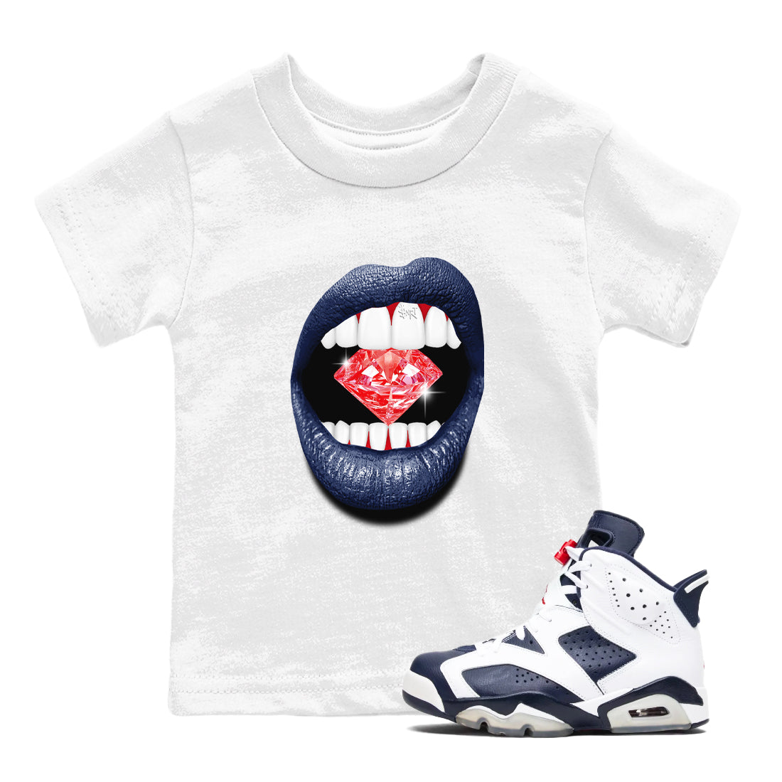 Lips Diamond snkmatch Tees Kids - Air Jordan 6 White And Midnight Navy