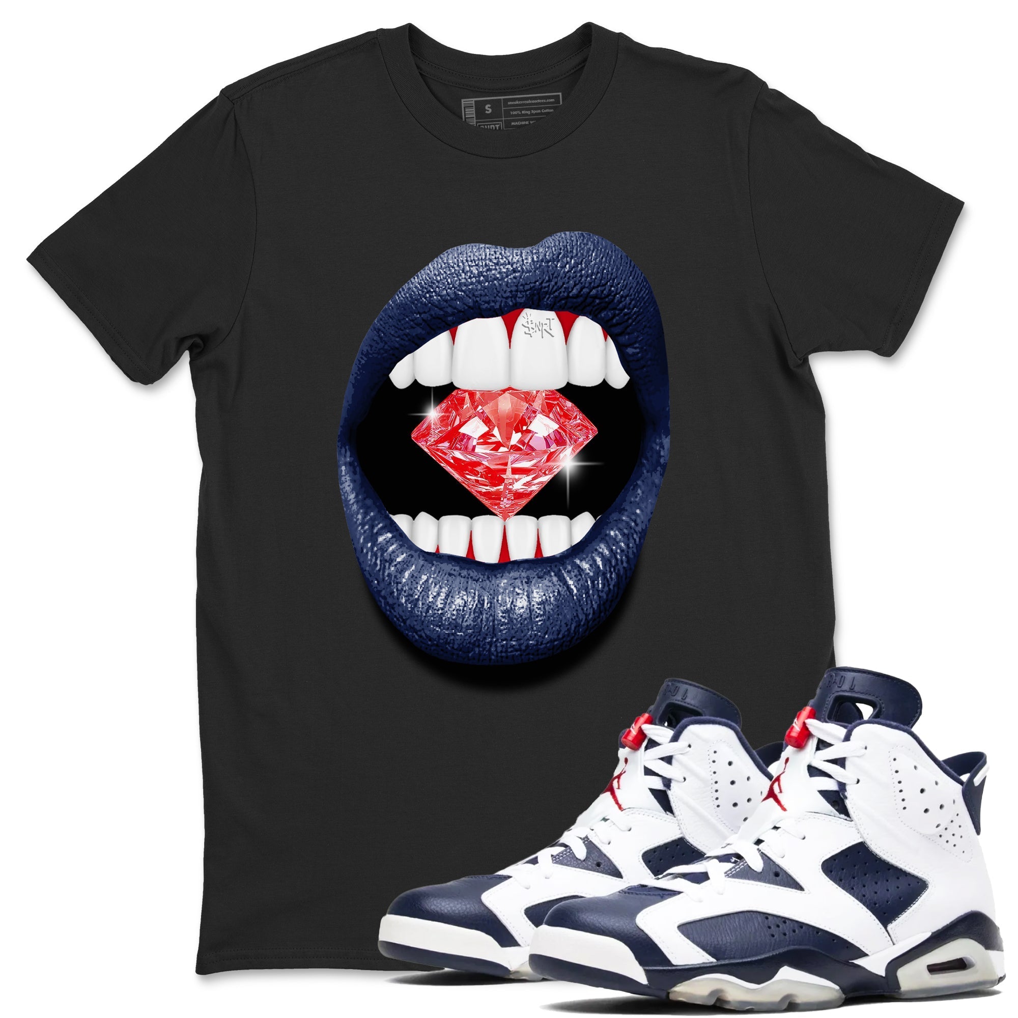 Lips Diamond snkmatch Tees - Air Jordan 6 White And Midnight Navy