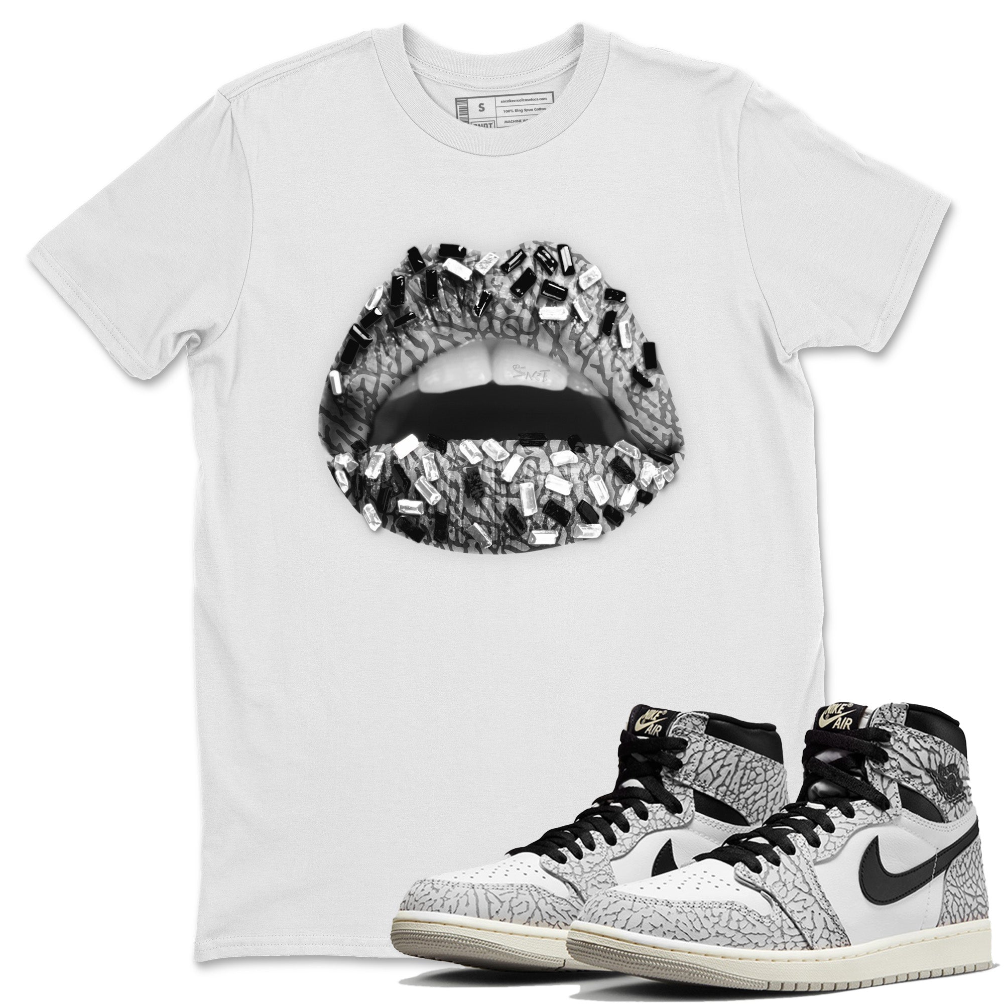 Lips Jewel Unisex Tops - Air Jordan 1 White Cement