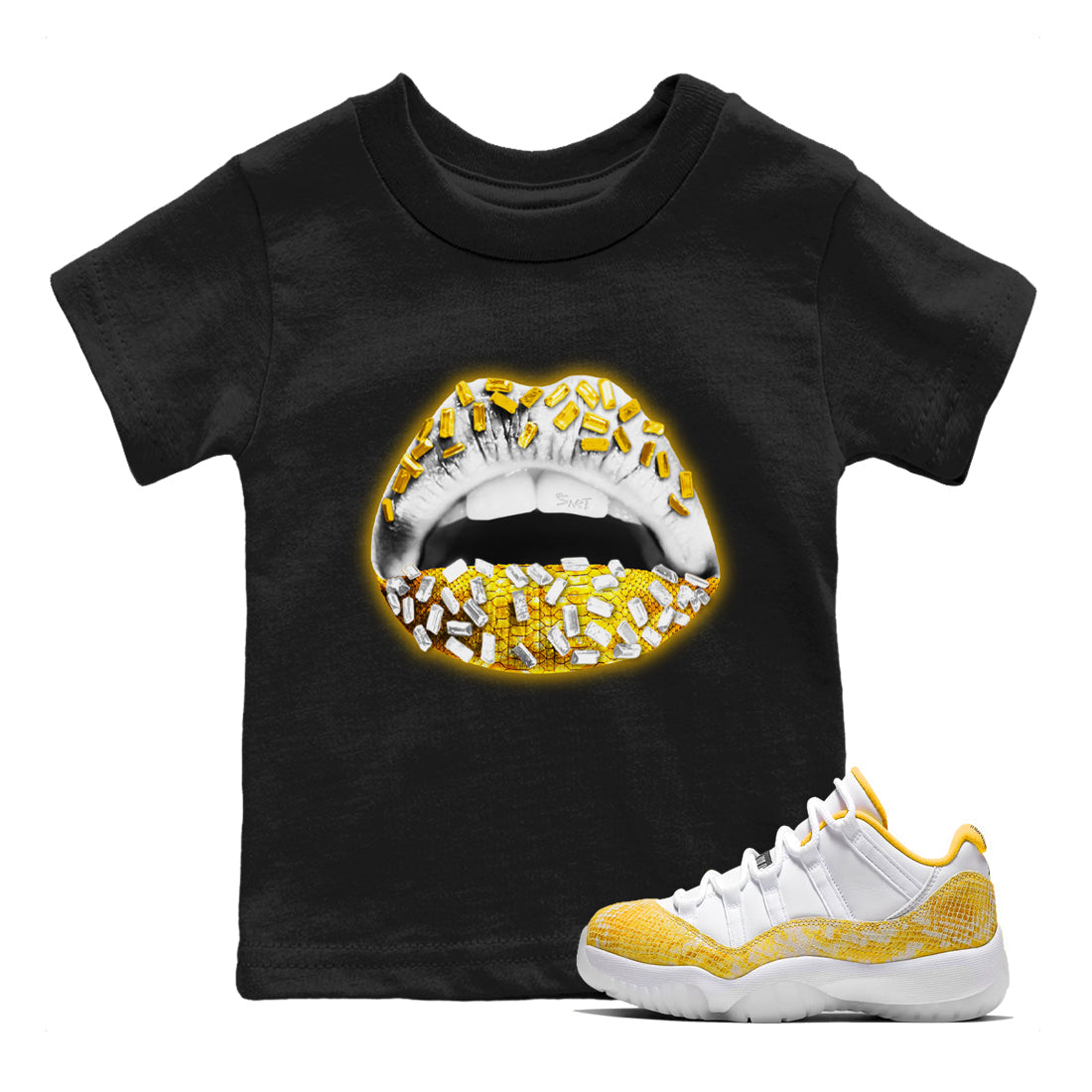 Lips Jewel Kids Tops - Air Jordan 11 Yellow Python