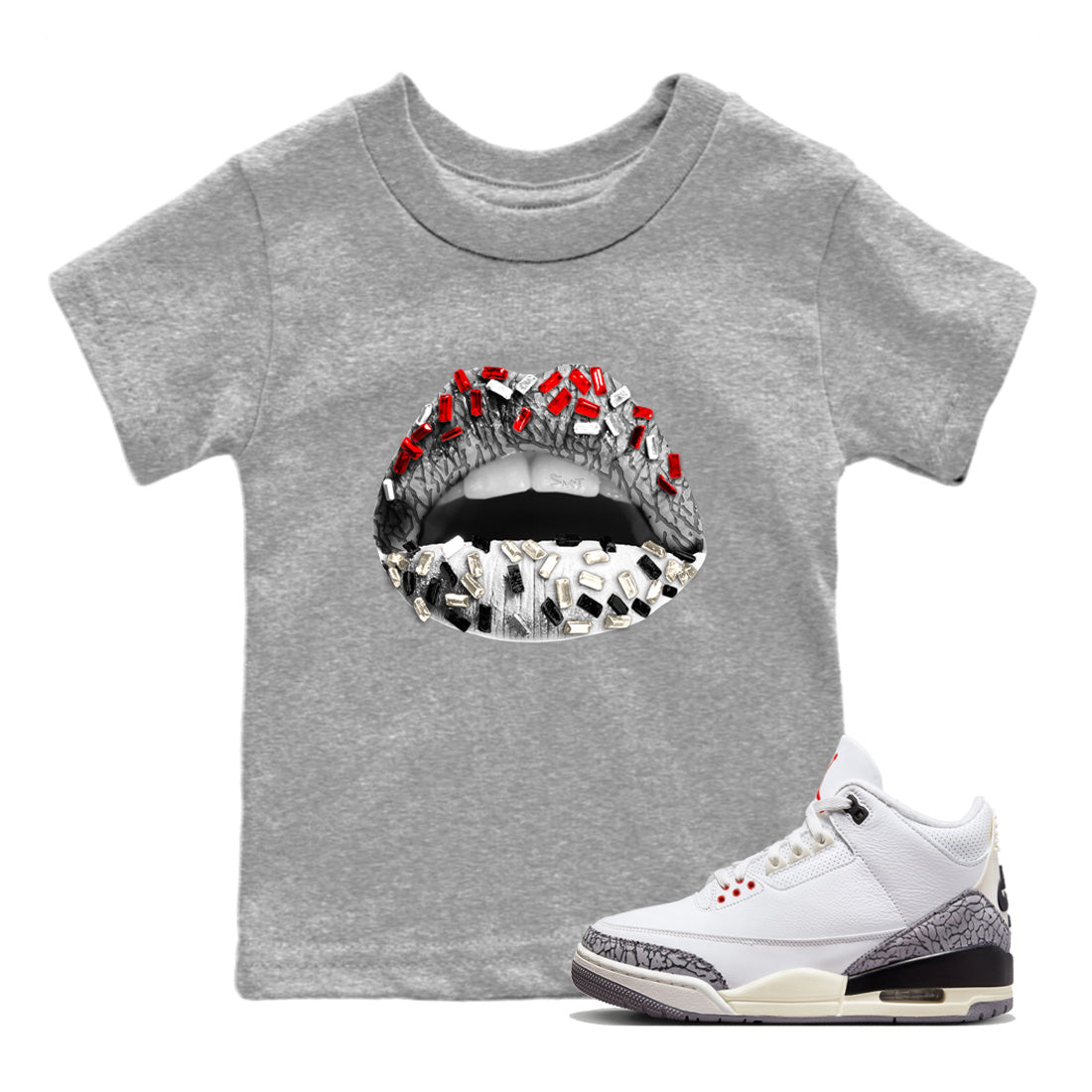 Lips Jewel Kids Tops - Air Jordan 3 White Cement