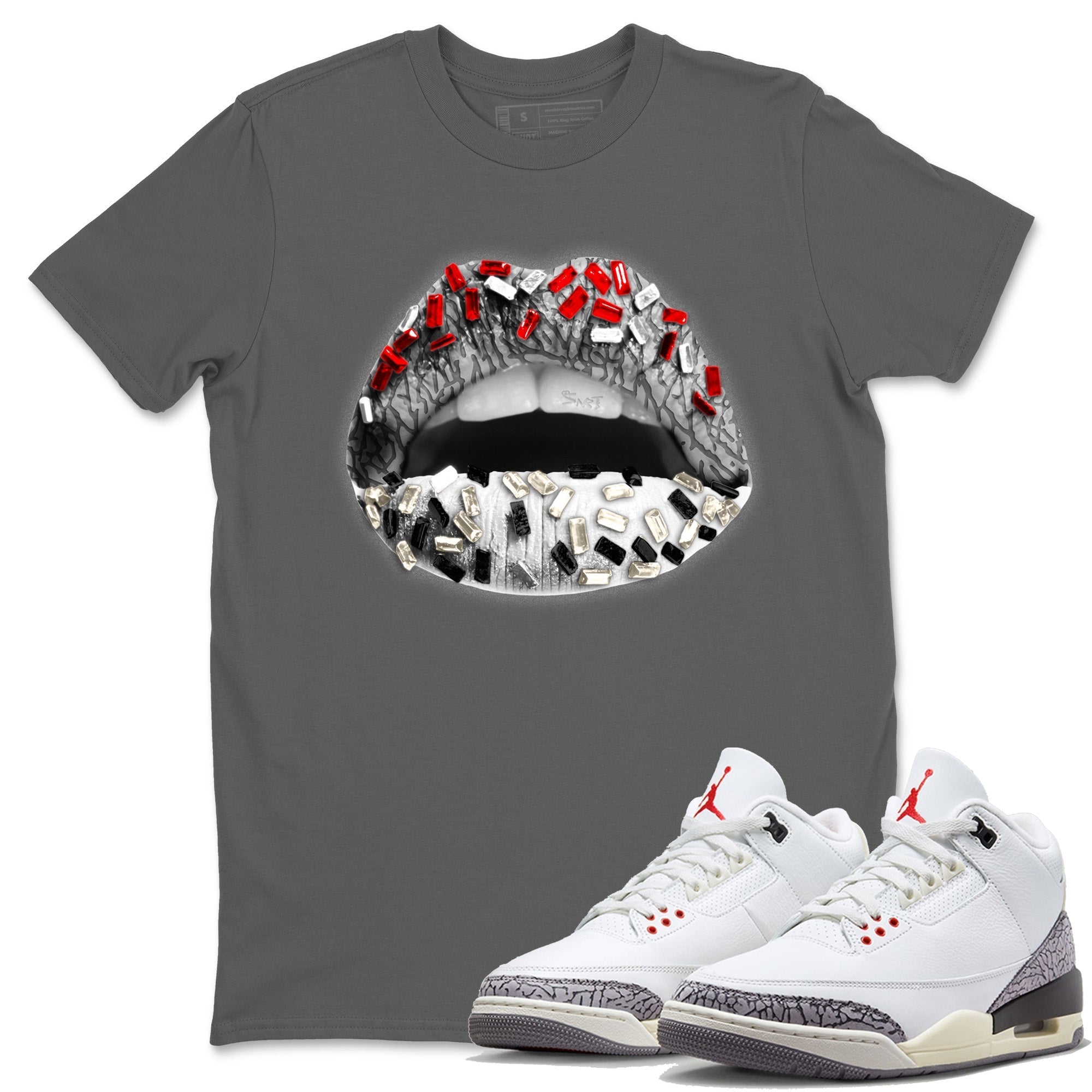 Lips Jewel Unisex Tops - Air Jordan 3 White Cement