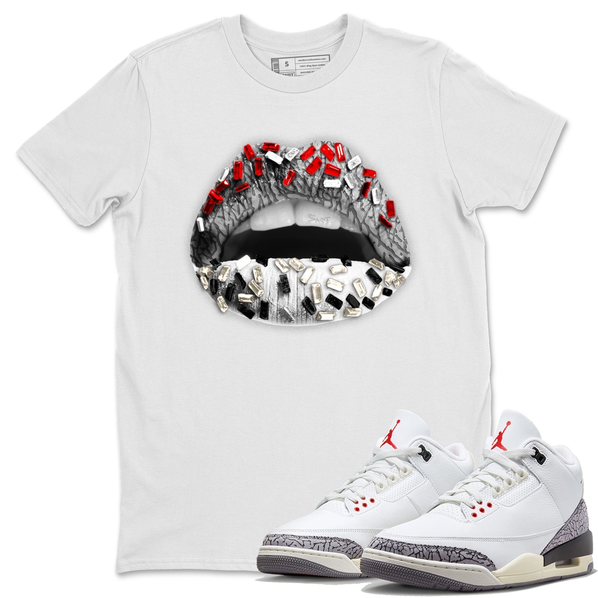 Lips Jewel Unisex Tops - Air Jordan 3 White Cement