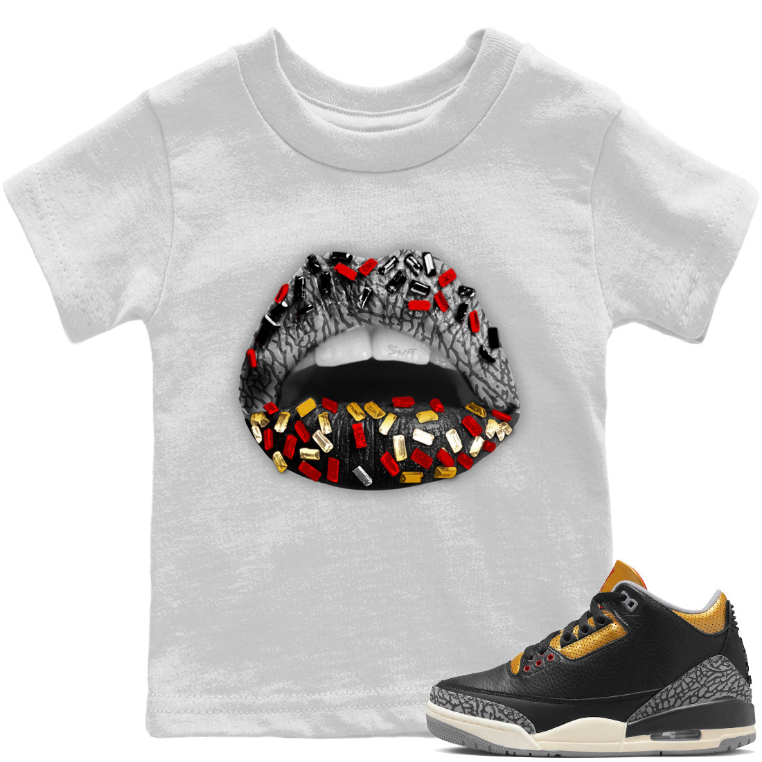 Lips Jewel Kids Tops - Air Jordan 3 Black Gold