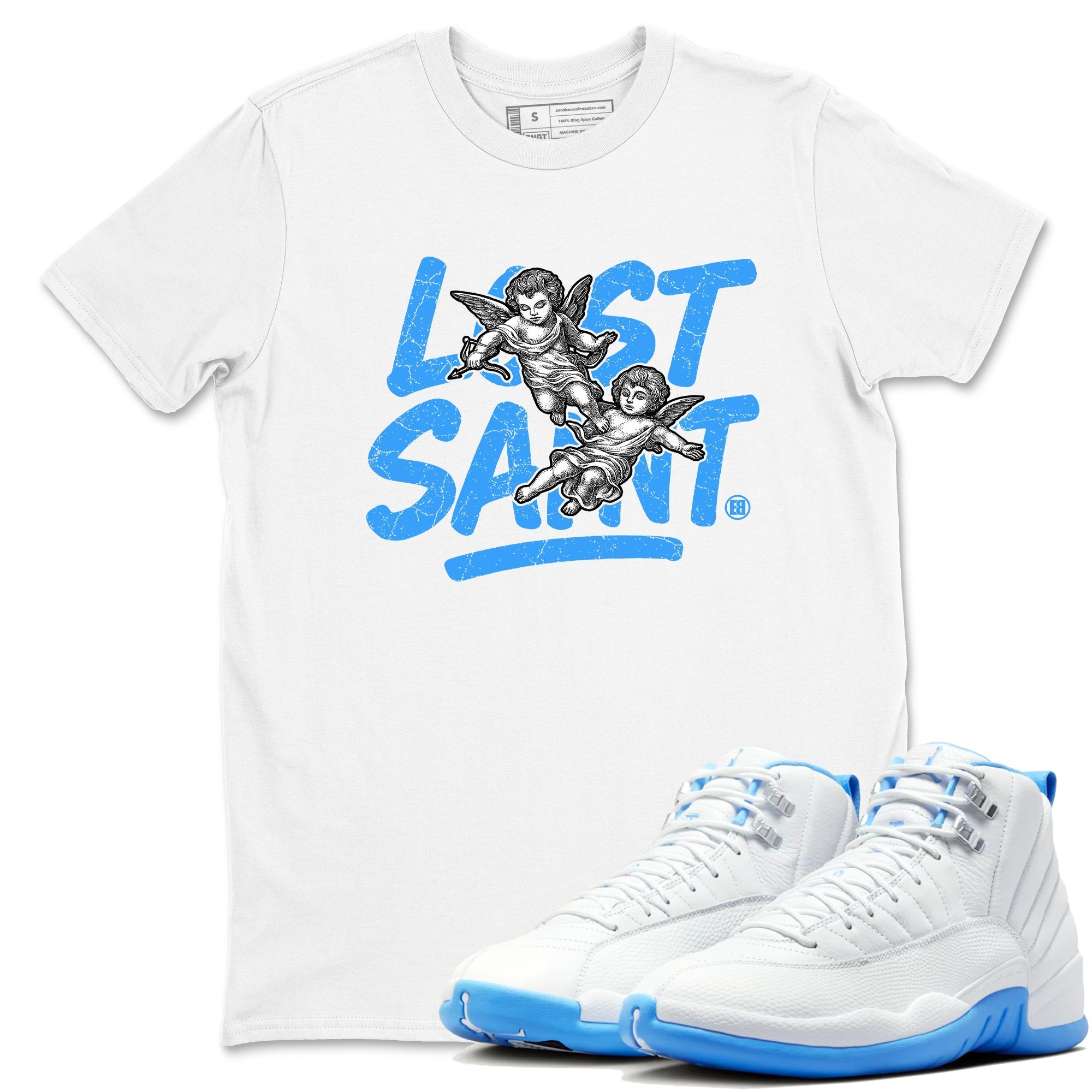 Lost Saint snkmatch Tees - Air Jordan 12 White and University Blue
