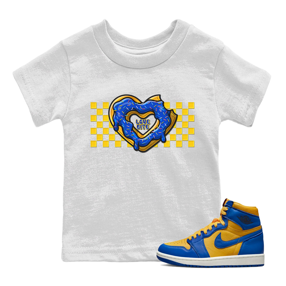 Love Bite Kids Tops - Air Jordan 1 Game Royal Varsity Maize