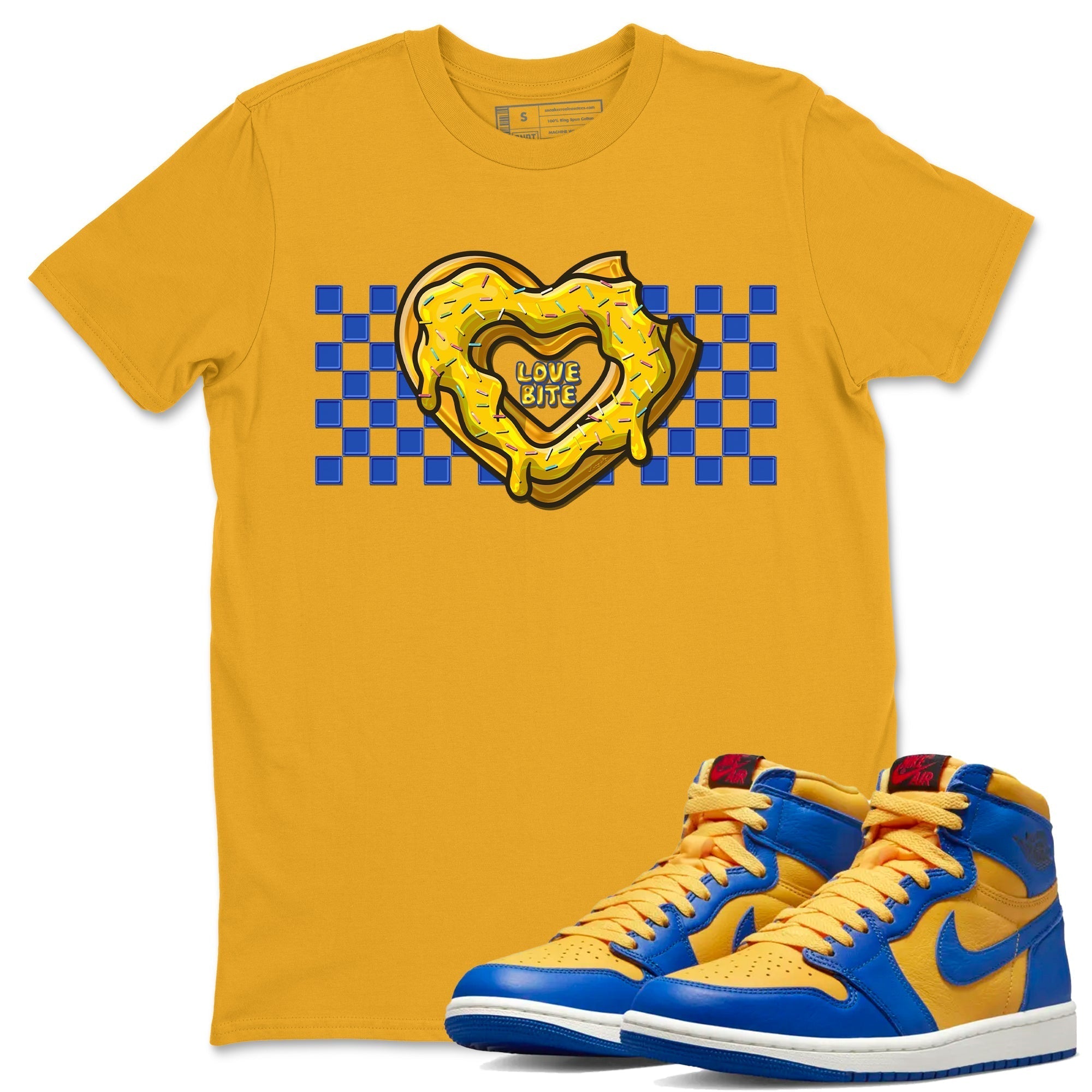 Love Bite Unisex Tops - Air Jordan 1 Game Royal Varsity Maize