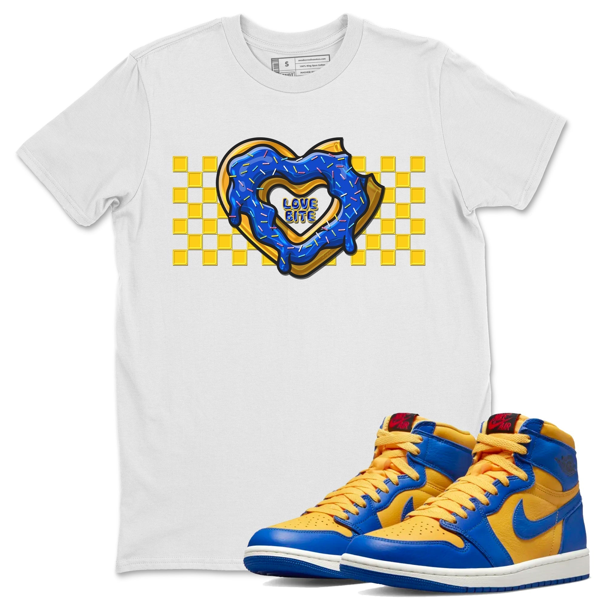 Love Bite Unisex Tops - Air Jordan 1 Game Royal Varsity Maize