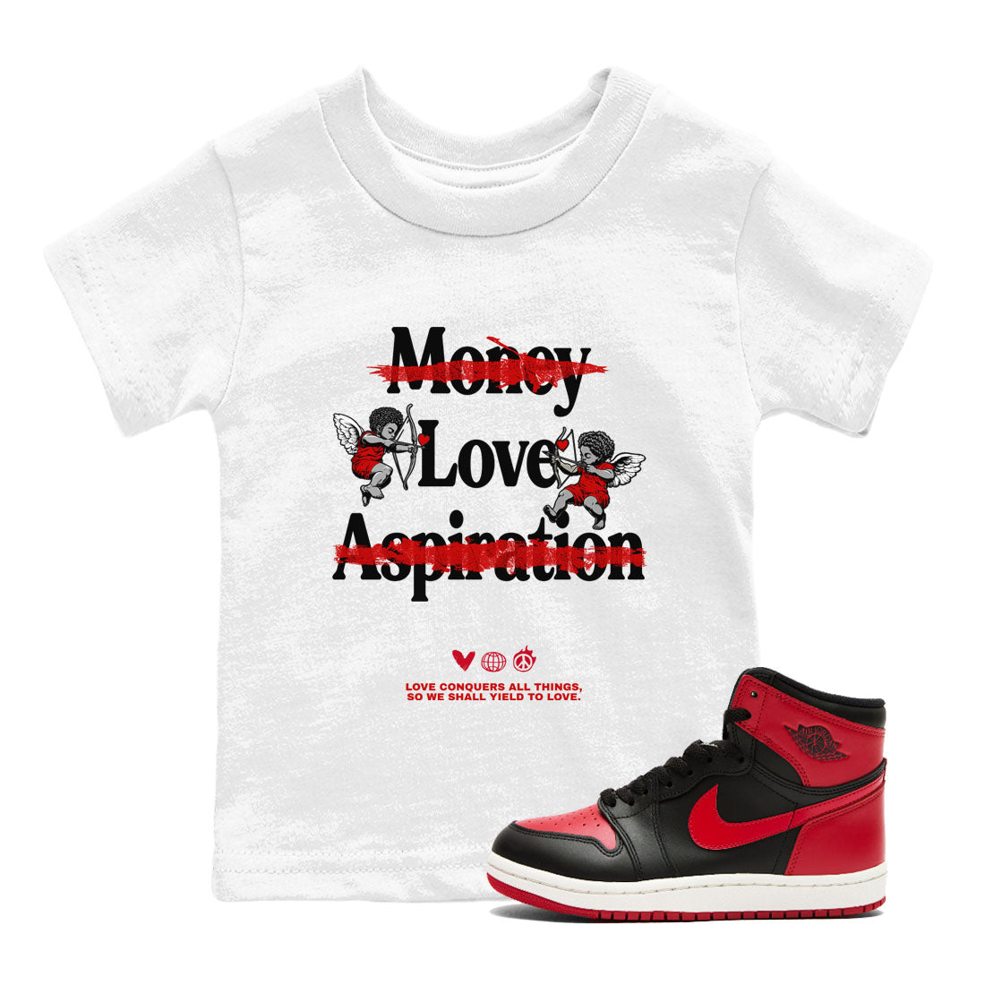 Love Conquers All Things snkmatch Tees Kids - Air Jordan 1 Black Toe Reimagined