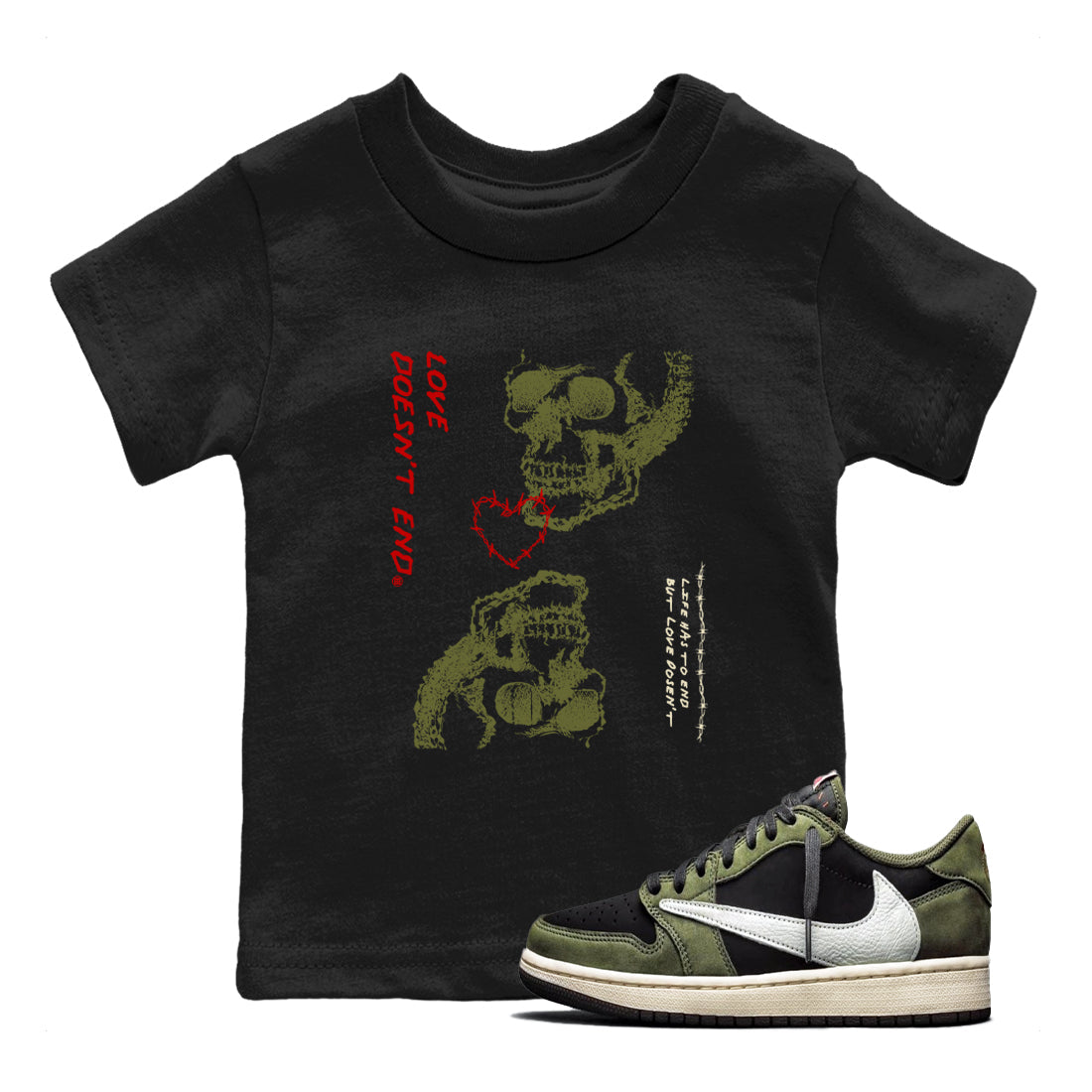 Love Doesn't End snkmatch Tees Kids - Air Jordan 1 Travis Scott Medium Olive