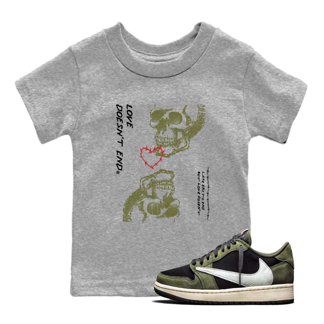 Love Doesn't End snkmatch Tees Kids - Air Jordan 1 Travis Scott Medium Olive