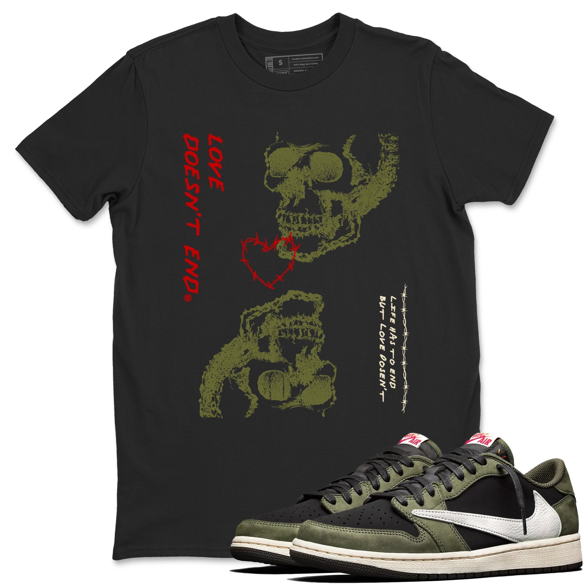 Love Doesn't End snkmatch Tees - Air Jordan 1 Travis Scott Medium Olive