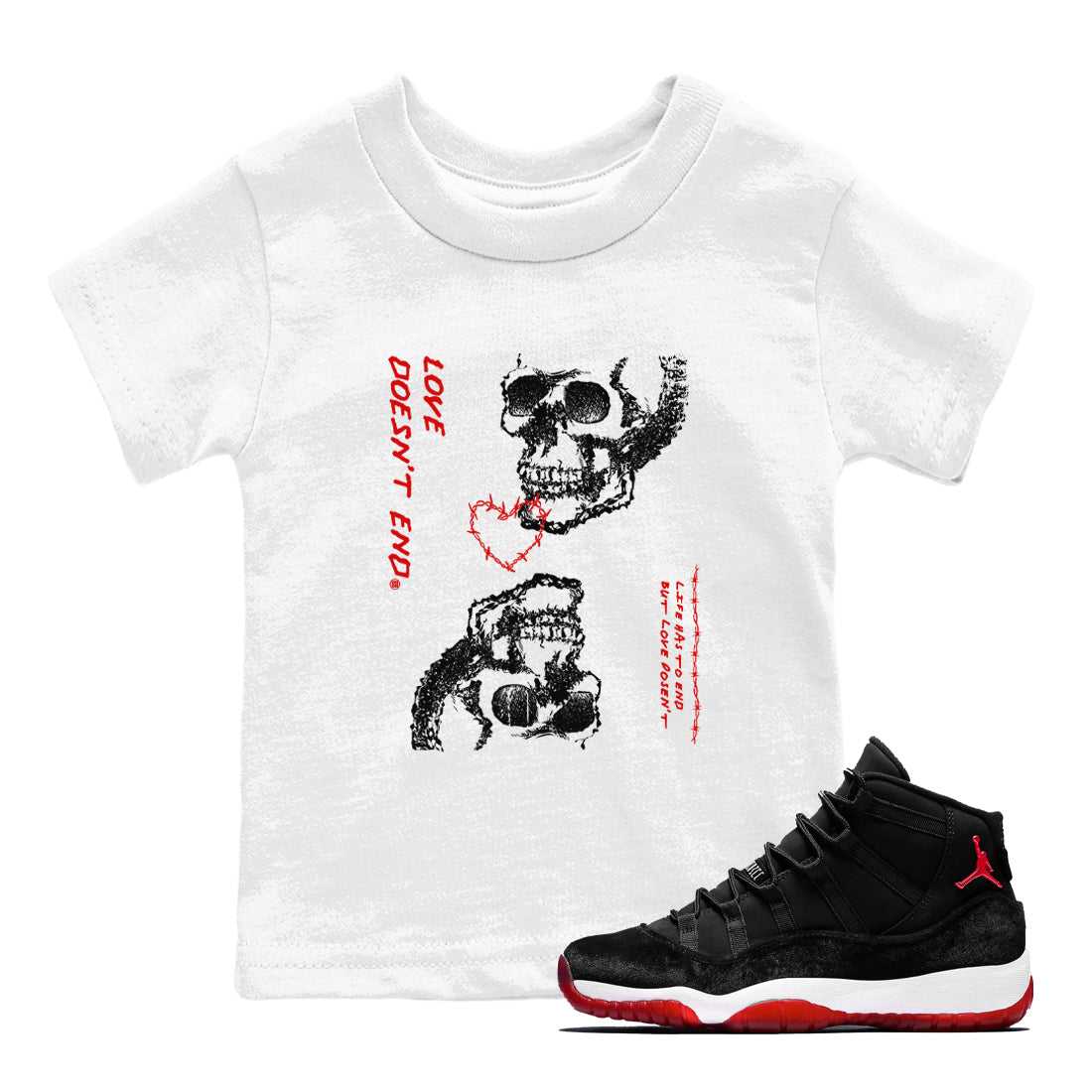 Love Doesn't End snkmatch Tees Kids - Air Jordan 11 Bred Velvet