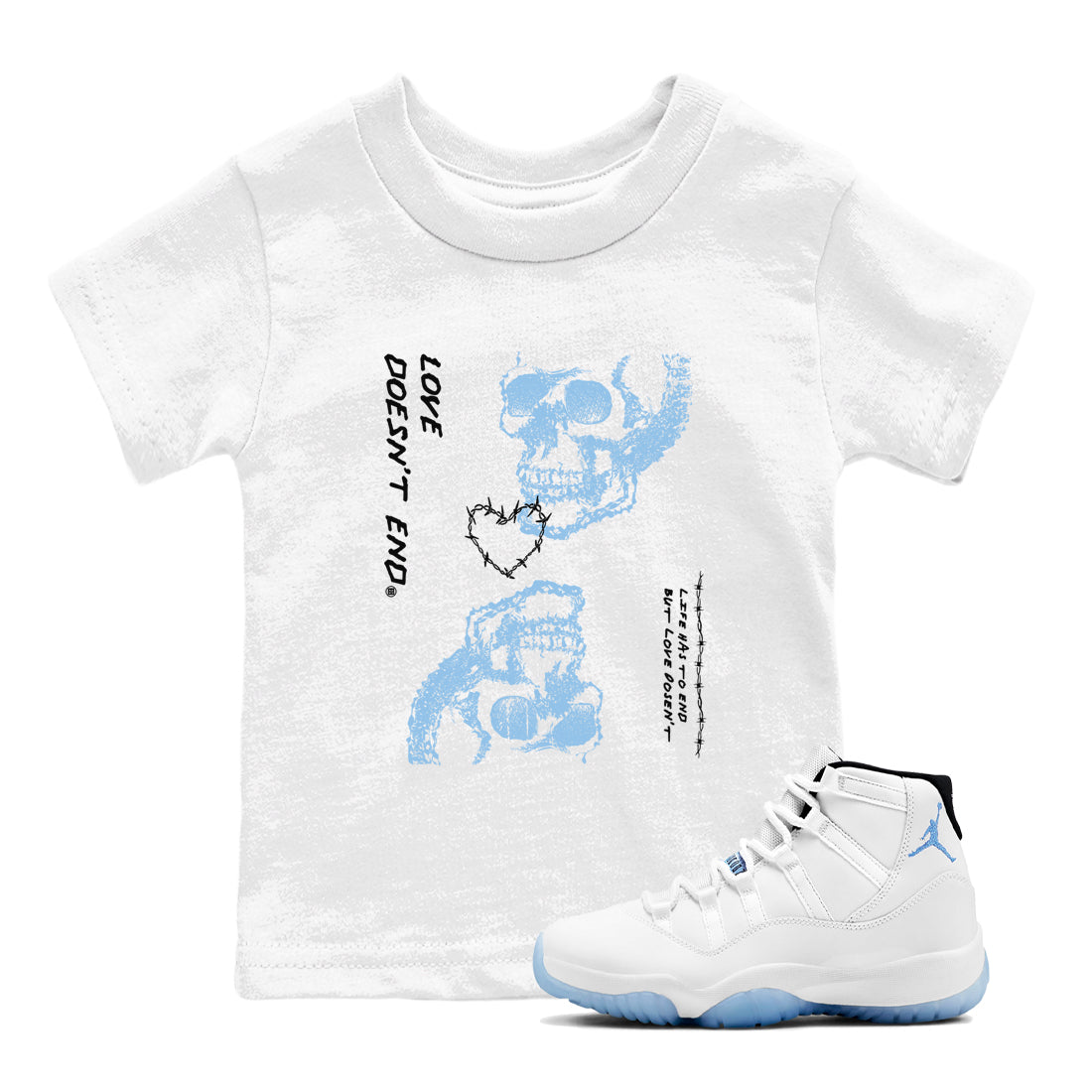 Love Doesn't End snkmatch Tees Kids - Air Jordan 11 Legend Blue