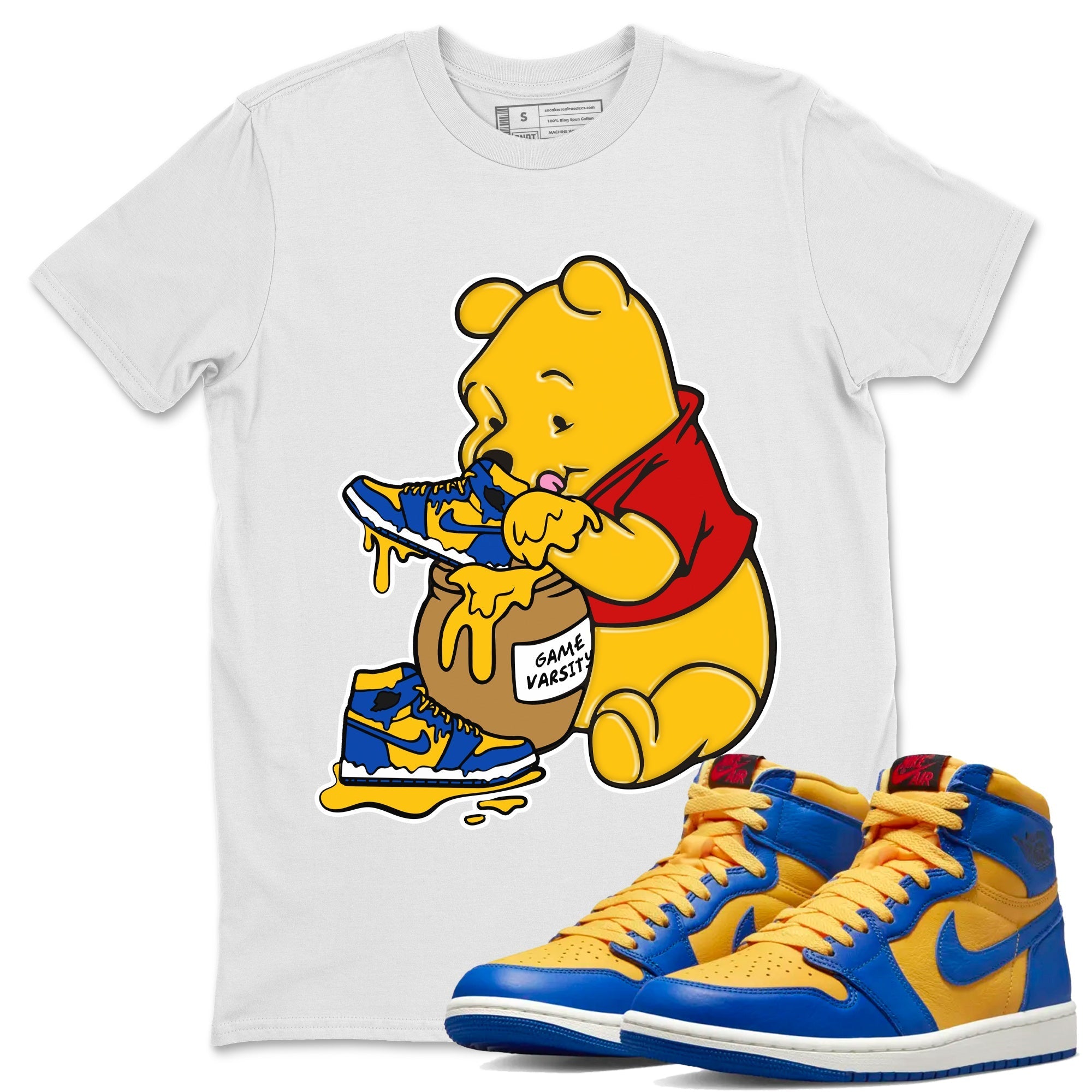Love Honey Unisex Tops - Air Jordan 1 Game Royal Varsity Maize