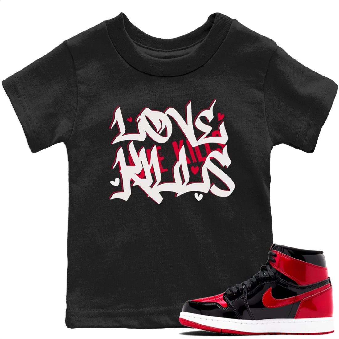 Love Kills Kids Tops - Air Jordan 1 Bred Patent
