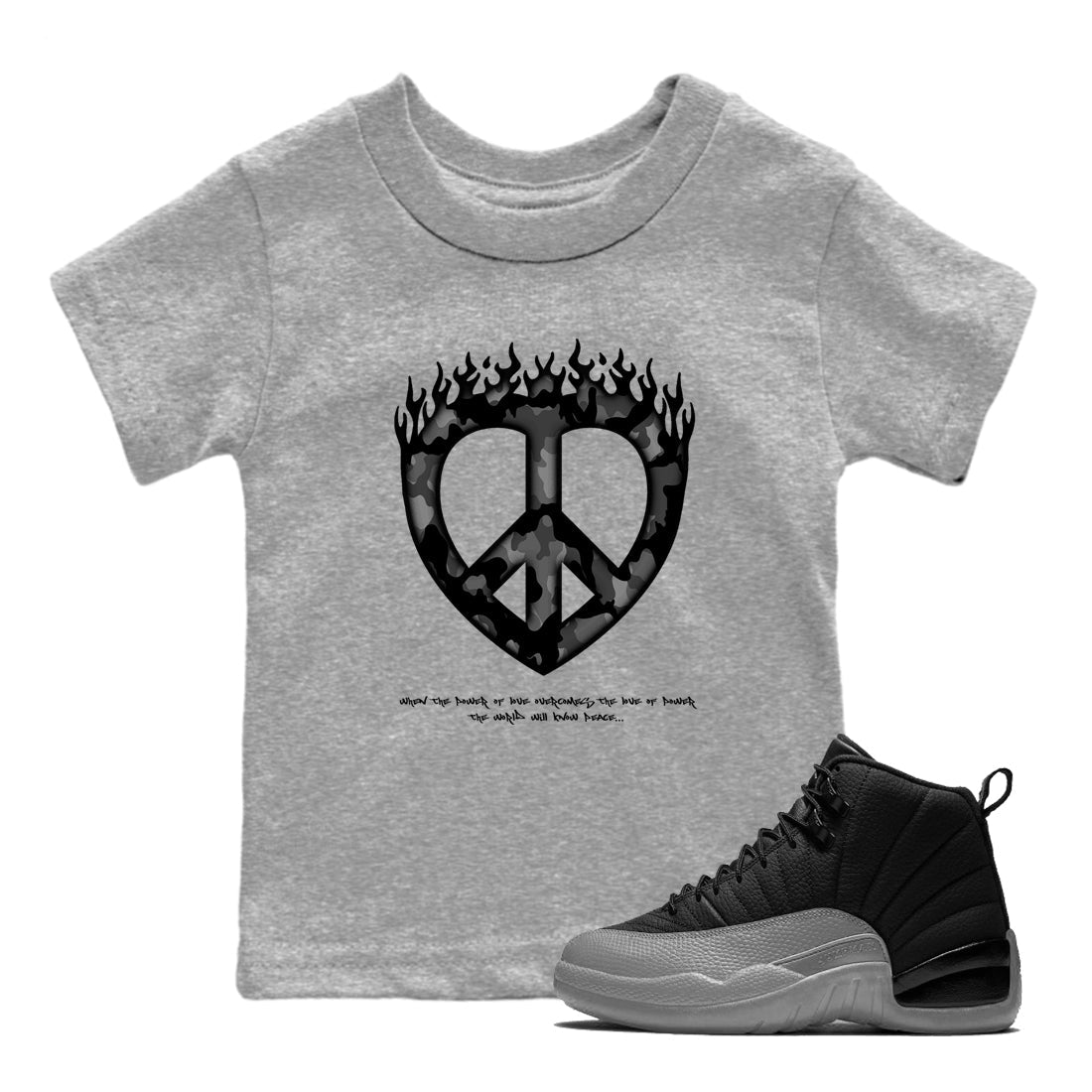 Love Peace snkmatch Tees Kids - Air Jordan 12 Black Wolf Grey