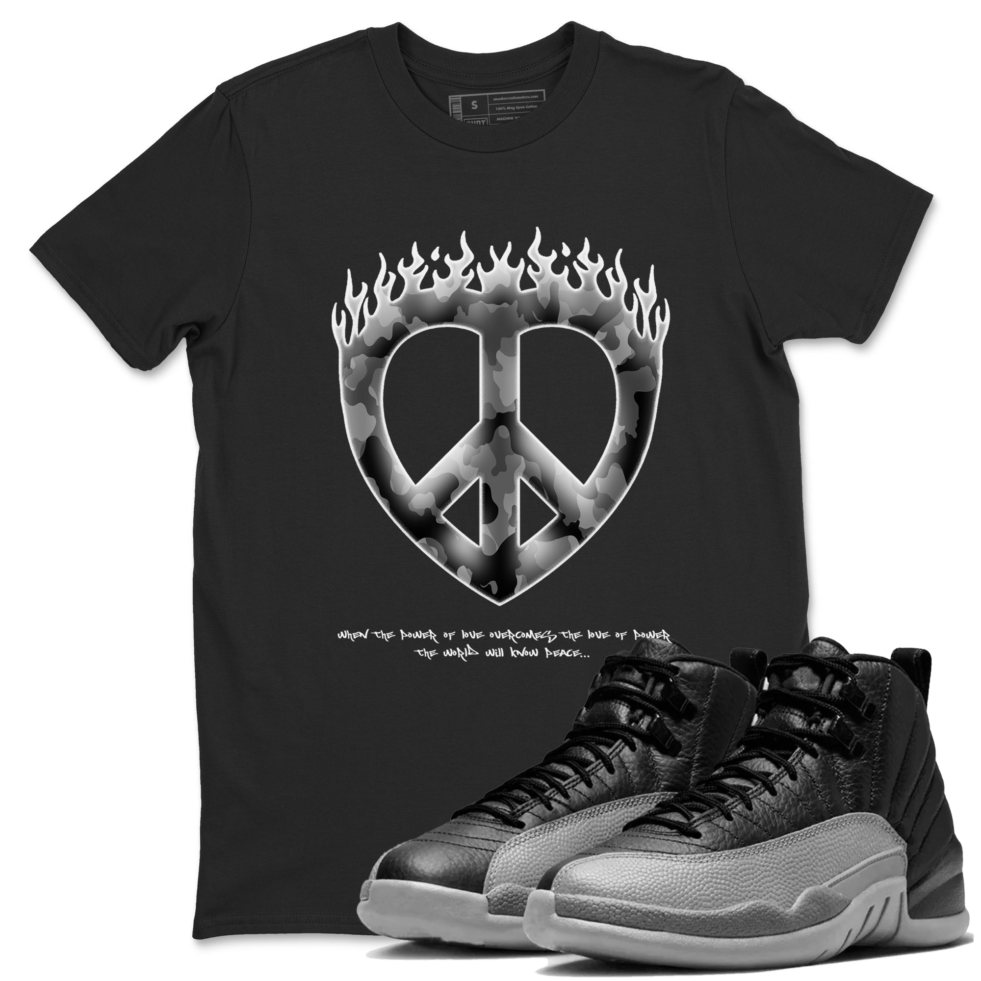Love Peace snkmatch Tees - Air Jordan 12 Black Wolf Grey
