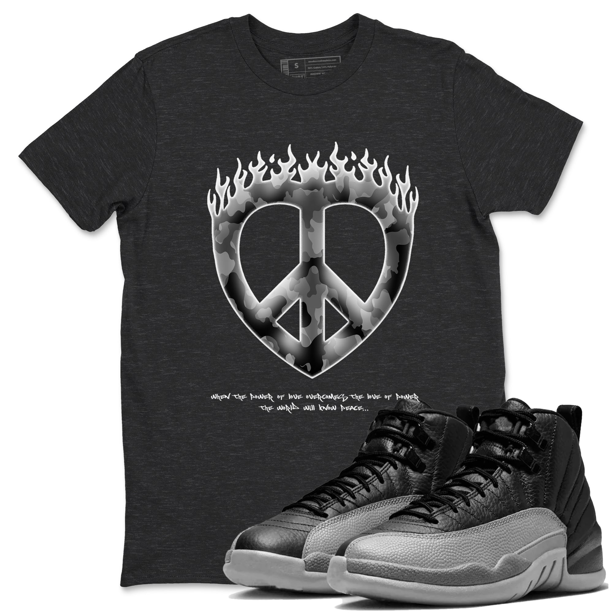 Love Peace snkmatch Tees - Air Jordan 12 Black Wolf Grey