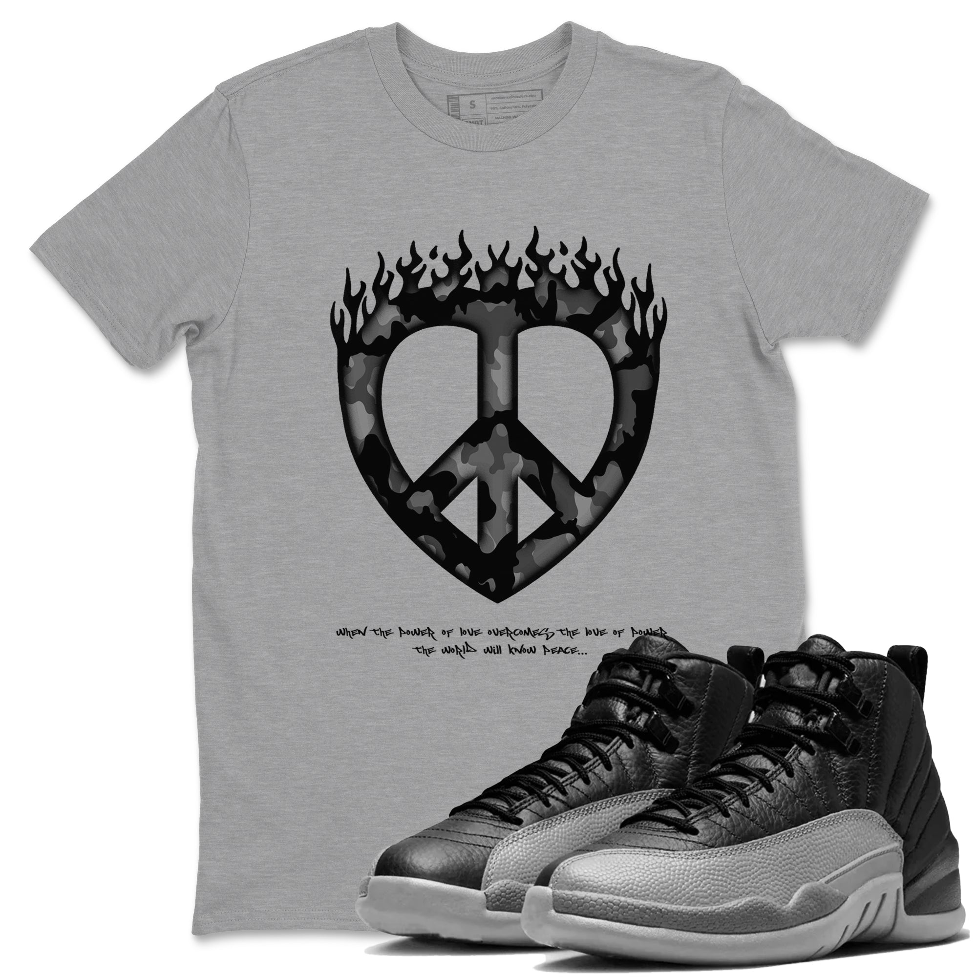 Love Peace snkmatch Tees - Air Jordan 12 Black Wolf Grey