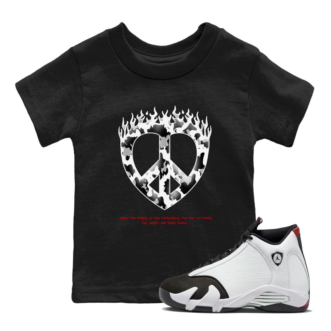 Love Peace snkmatch Tees Kids - Air Jordan 14 Black Toe