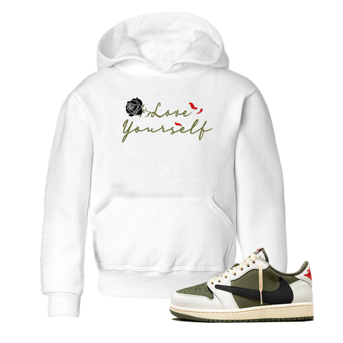 Love Yourself snkmatch Tees Kids - Air Jordan 1 Travis Scott Medium Olive