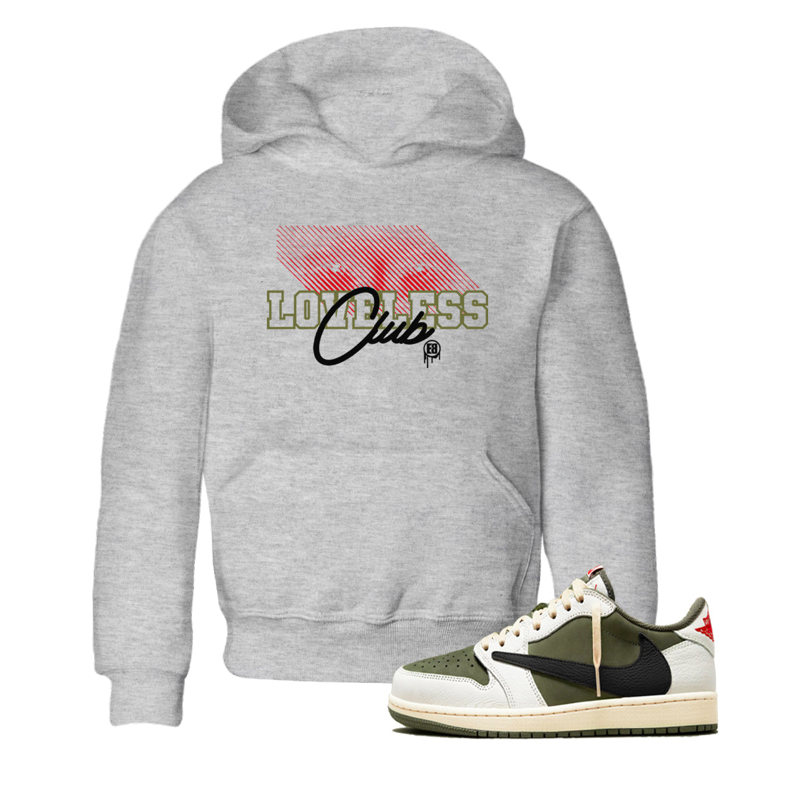 Loveless Club snkmatch Tees Kids - Air Jordan 1 Travis Scott Medium Olive