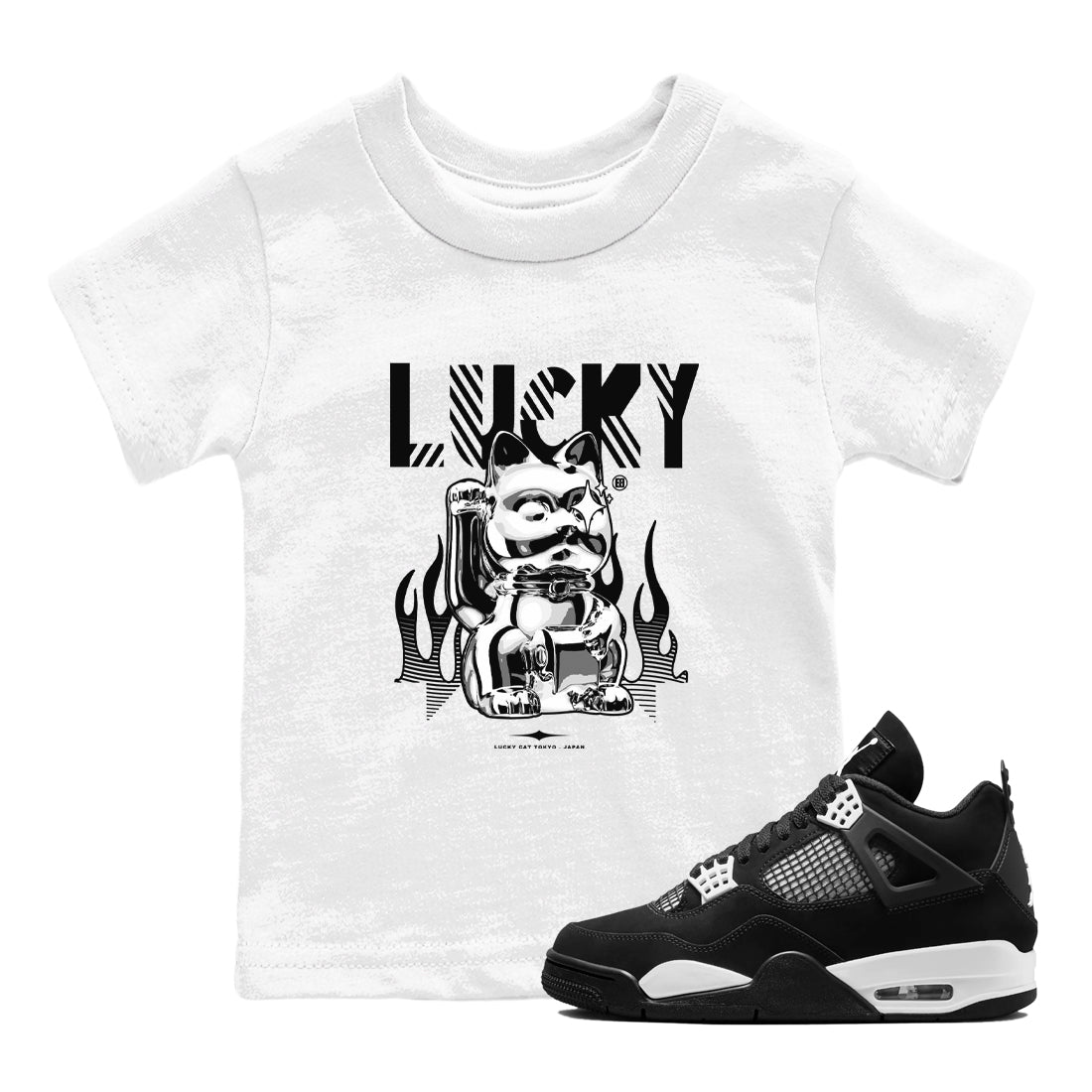 Lucky Cat snkmatch Tees Kids - Air Jordan 4 White Thunder