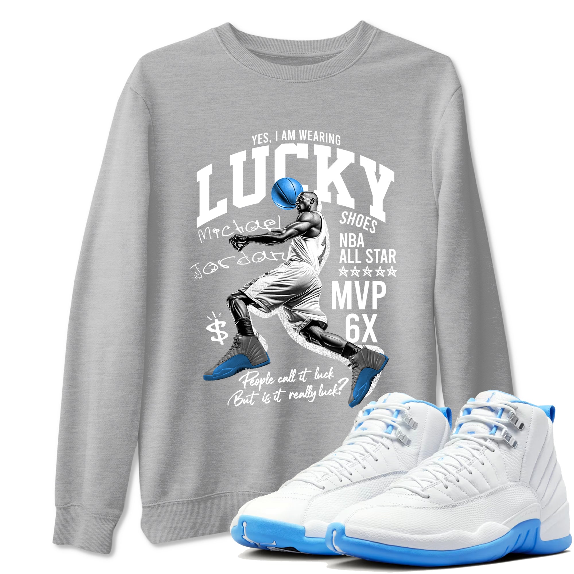 Lucky Player snkmatch Tees - Air Jordan 12 White and University Blue