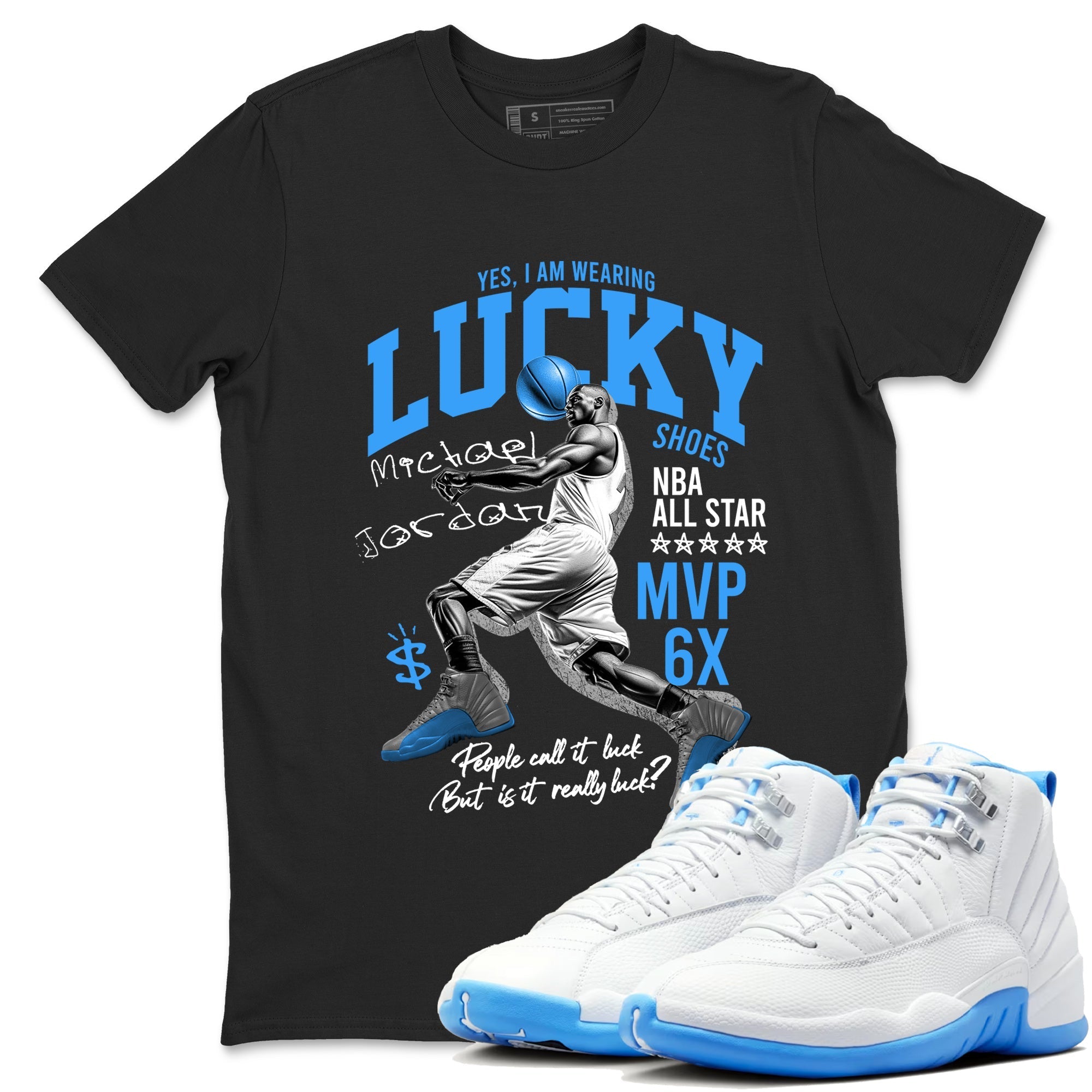 Lucky Player snkmatch Tees - Air Jordan 12 White and University Blue