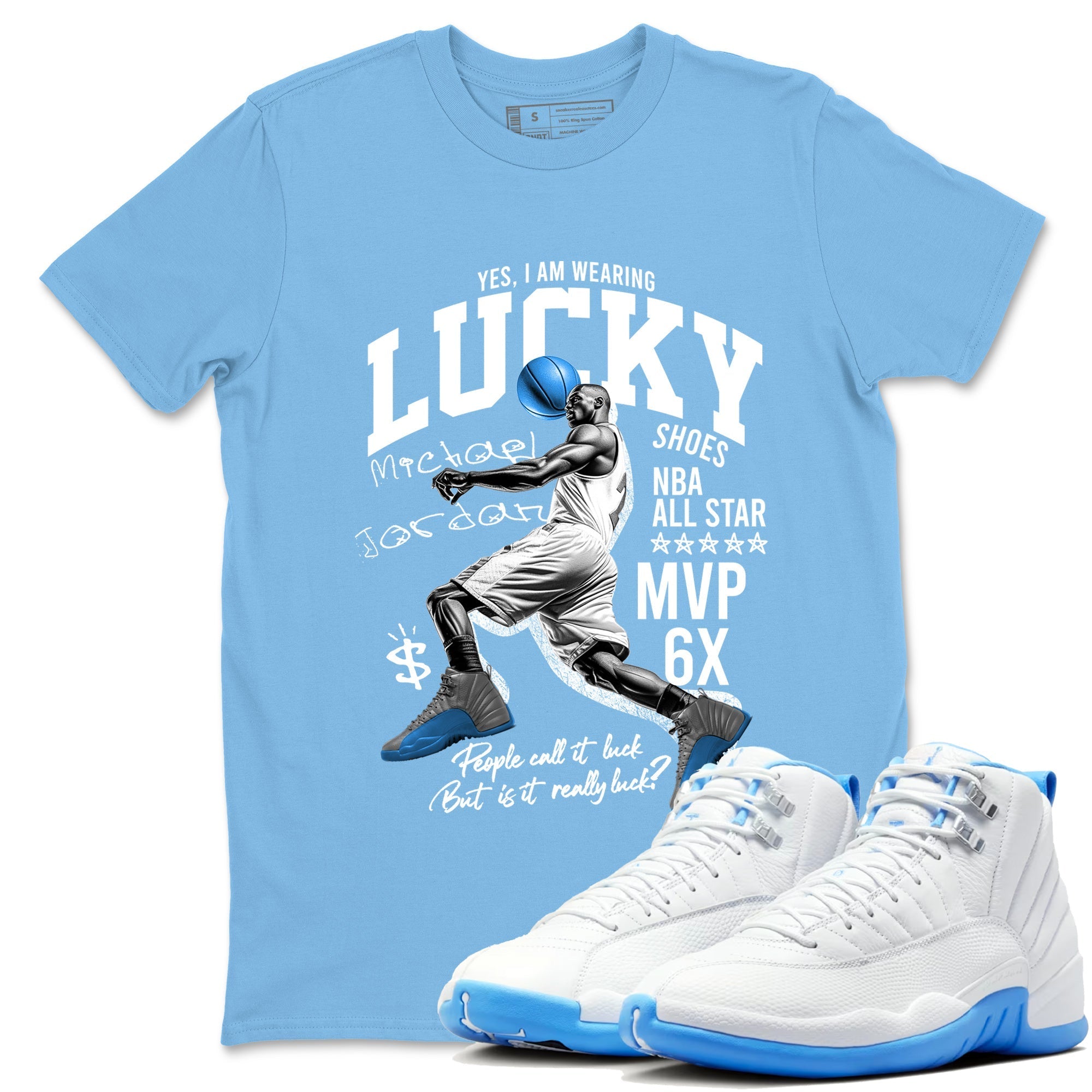Lucky Player snkmatch Tees - Air Jordan 12 White and University Blue
