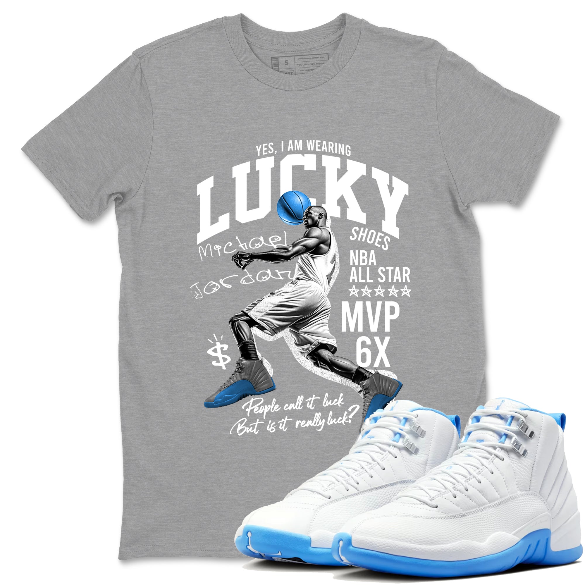 Lucky Player snkmatch Tees - Air Jordan 12 White and University Blue