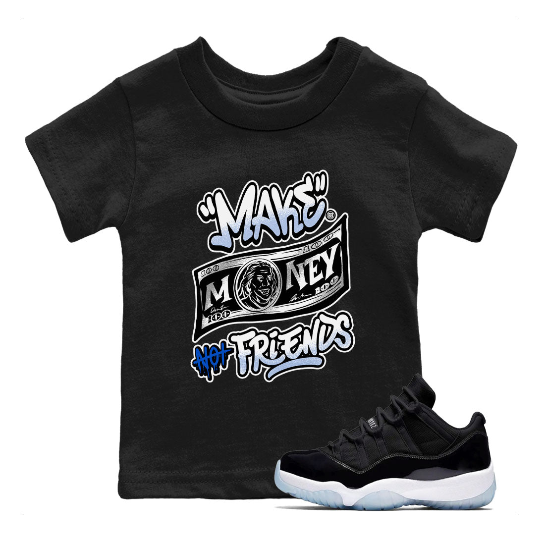 Make Money Not Friends snkmatch Tees Kids - Air Jordan 11 Black and Varsity Royal